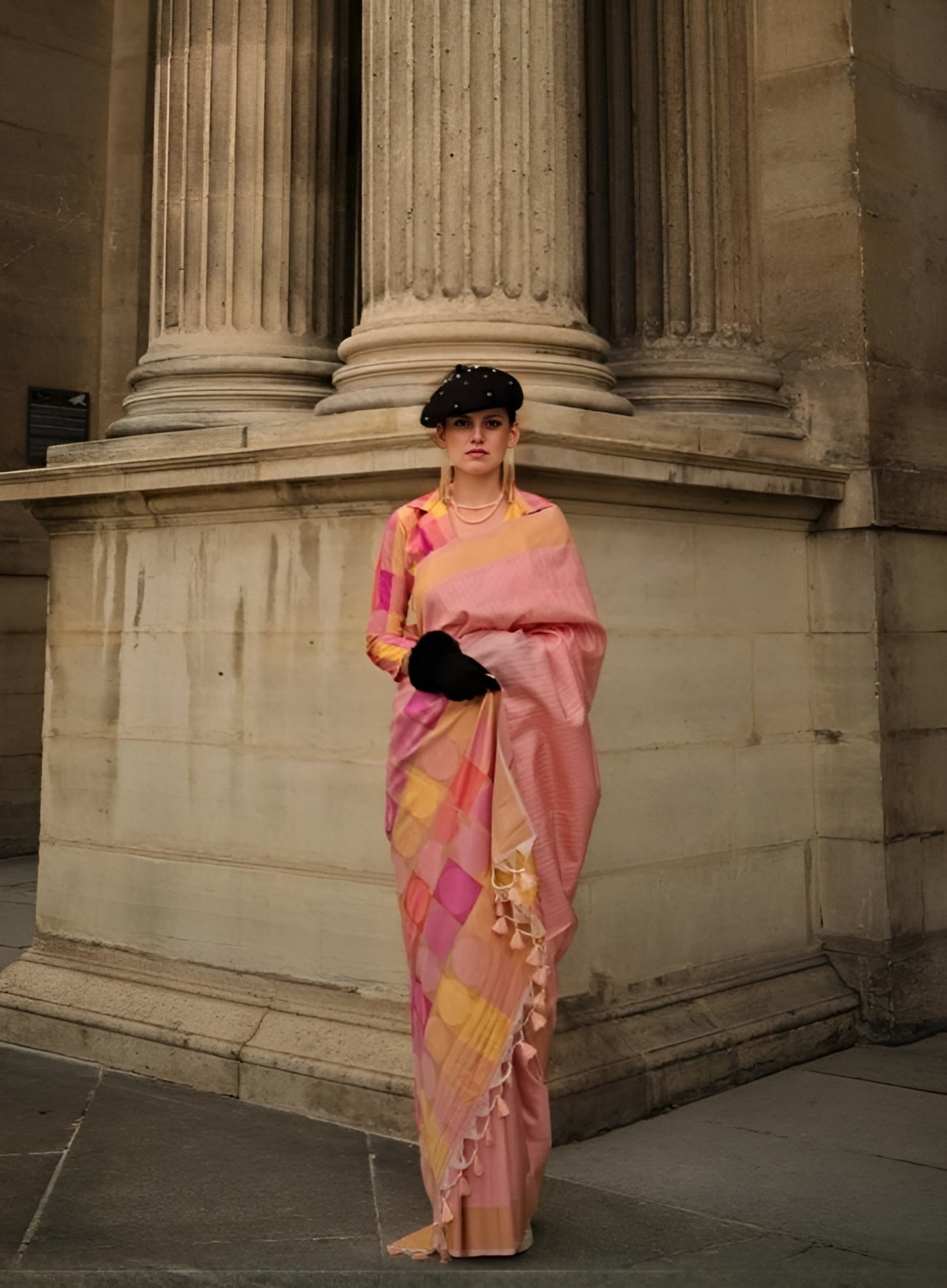 EKKTARA Saree For Women Peach Colour Soft Silk Handloom Weaving Saree With Unstitched Blouse