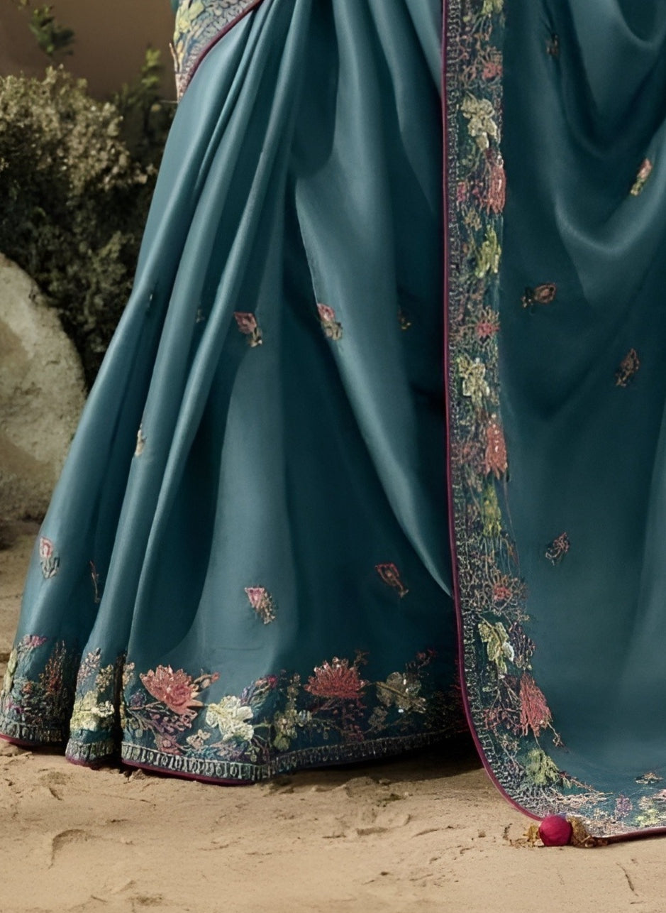 EKKTARA Saree For Women Teal Blue Colour Dola Silk Saree With Designer Unstitched Blouse