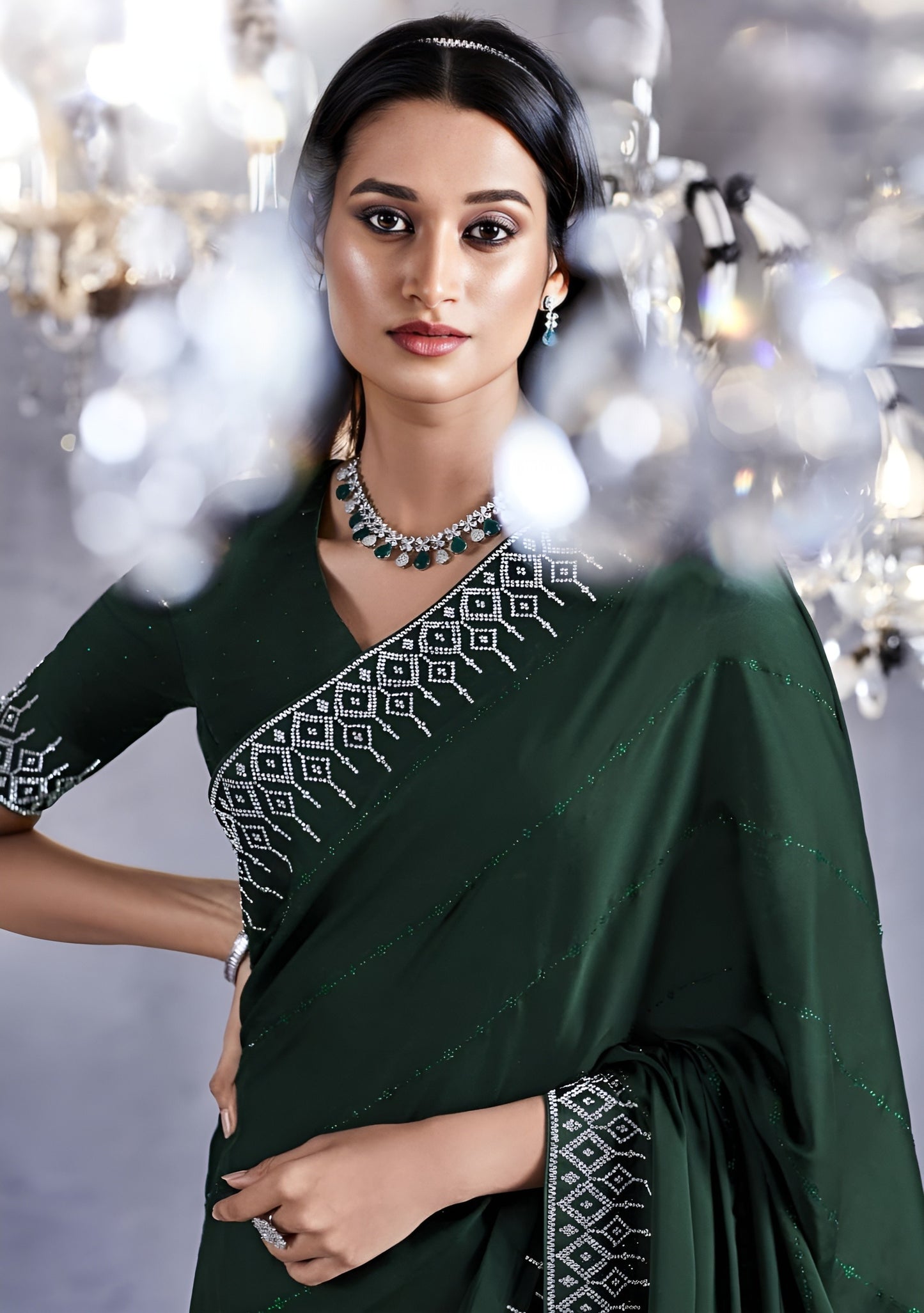 EKKTARA Saree For Women Green Colour Partywear Satin Silk Zarkan Work Saree With Unstitched Blouse
