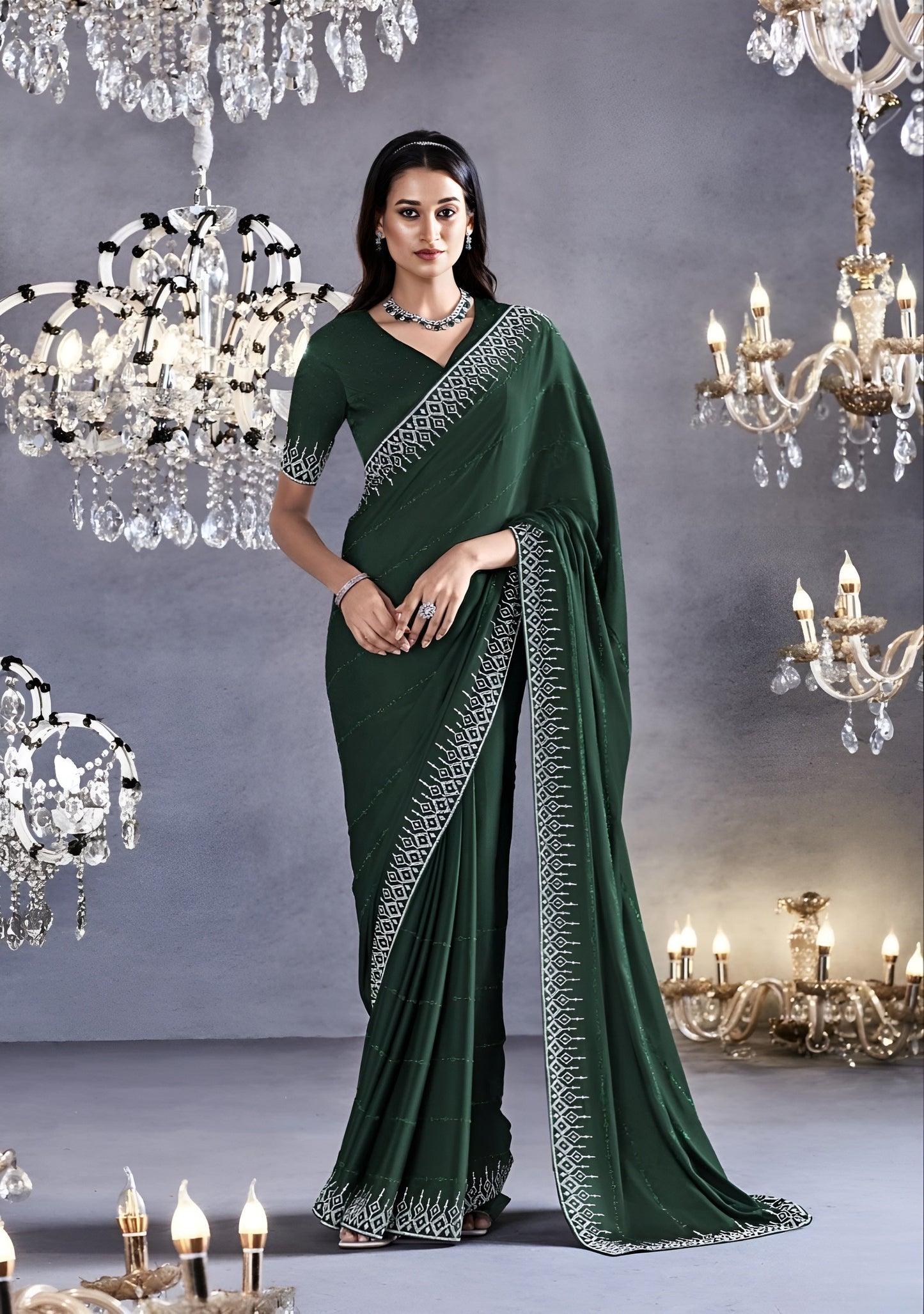EKKTARA Saree For Women Green Colour Partywear Satin Silk Zarkan Work Saree With Unstitched Blouse