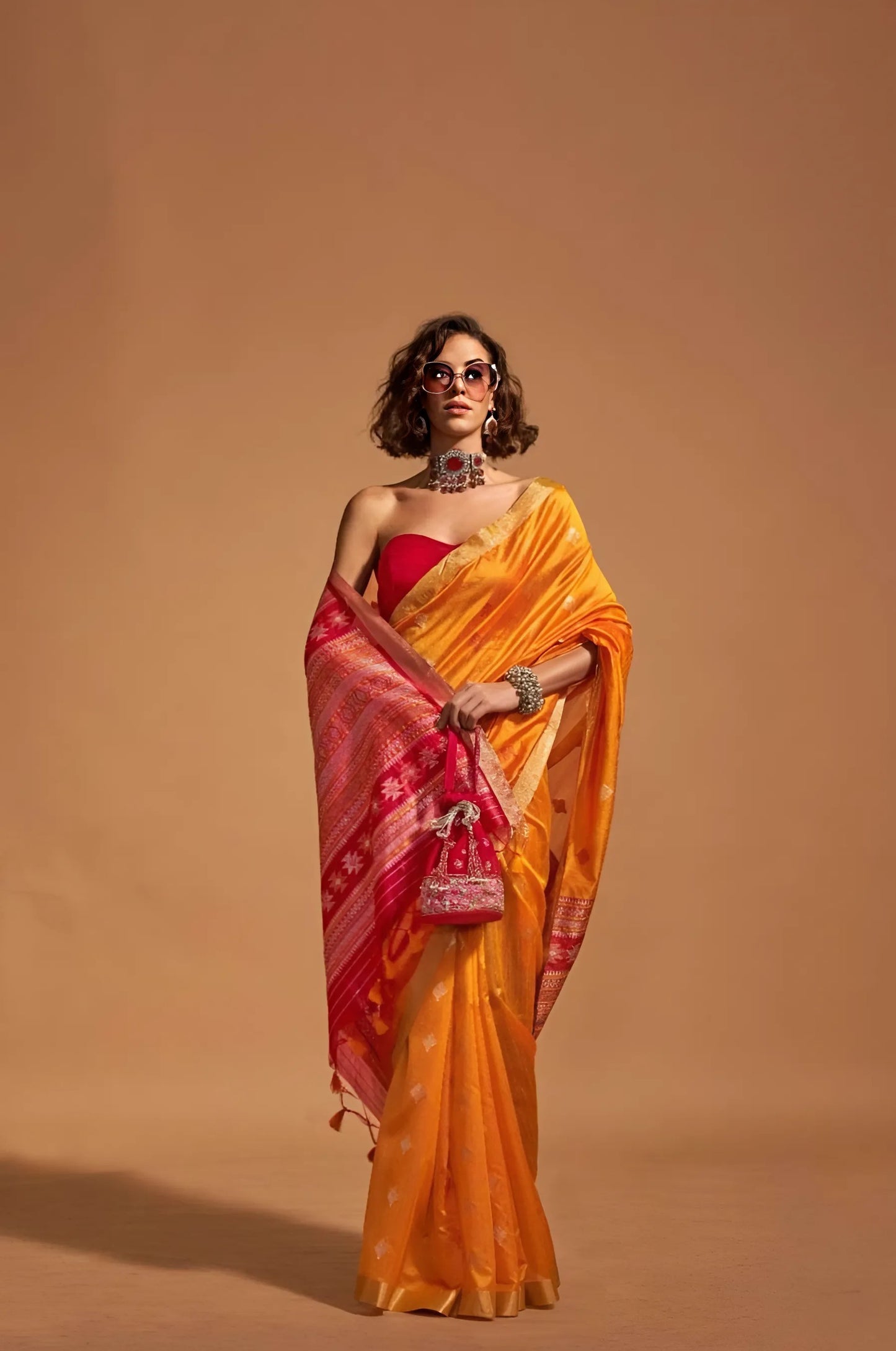 EKKTARA Saree For Women Orange Colour Handloom Weaving Silk Saree With Unstitched Blouse
