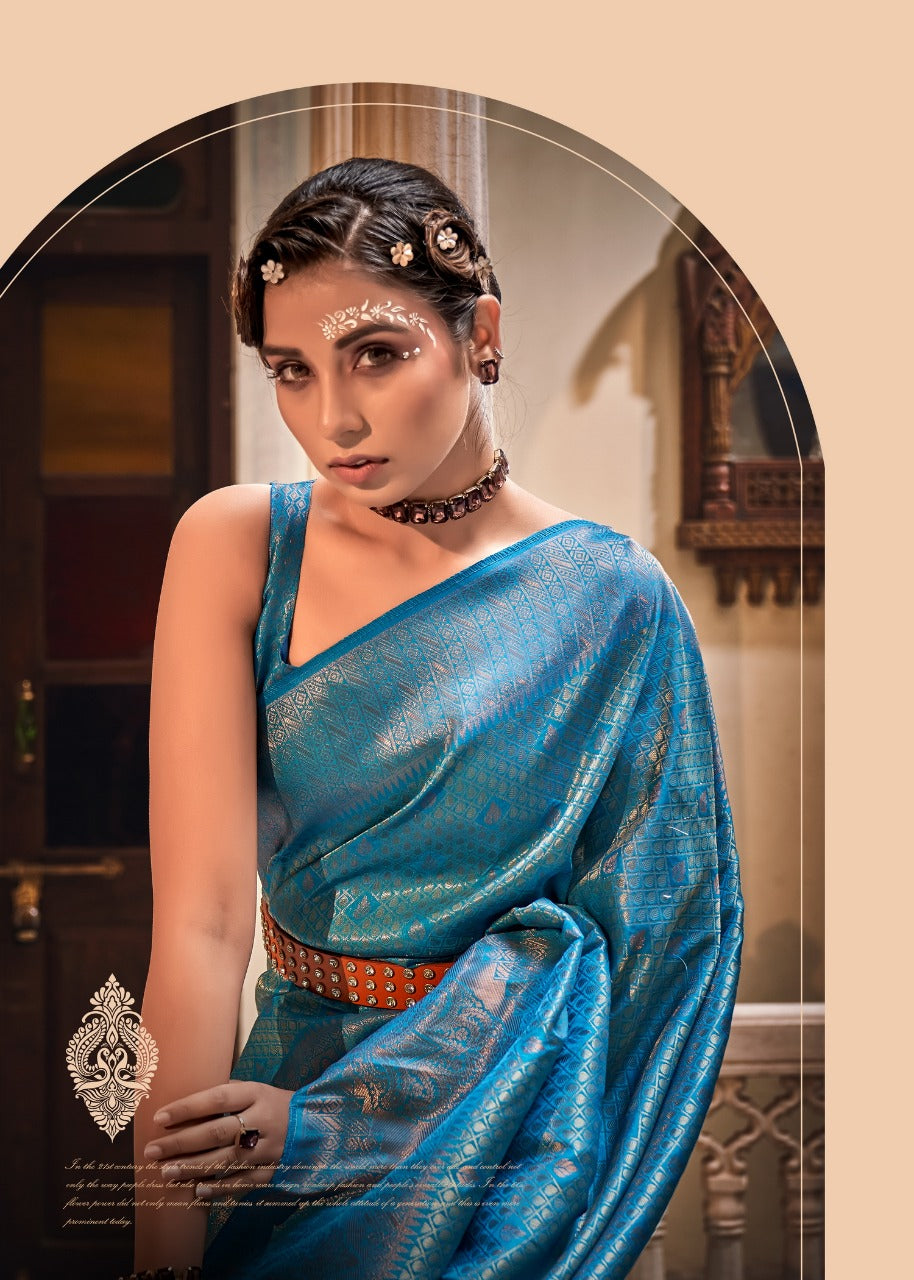 EKKTARA  Saree For Women Turquoise Colour Handloom Silk Zari Saree With Unstitched Blouse