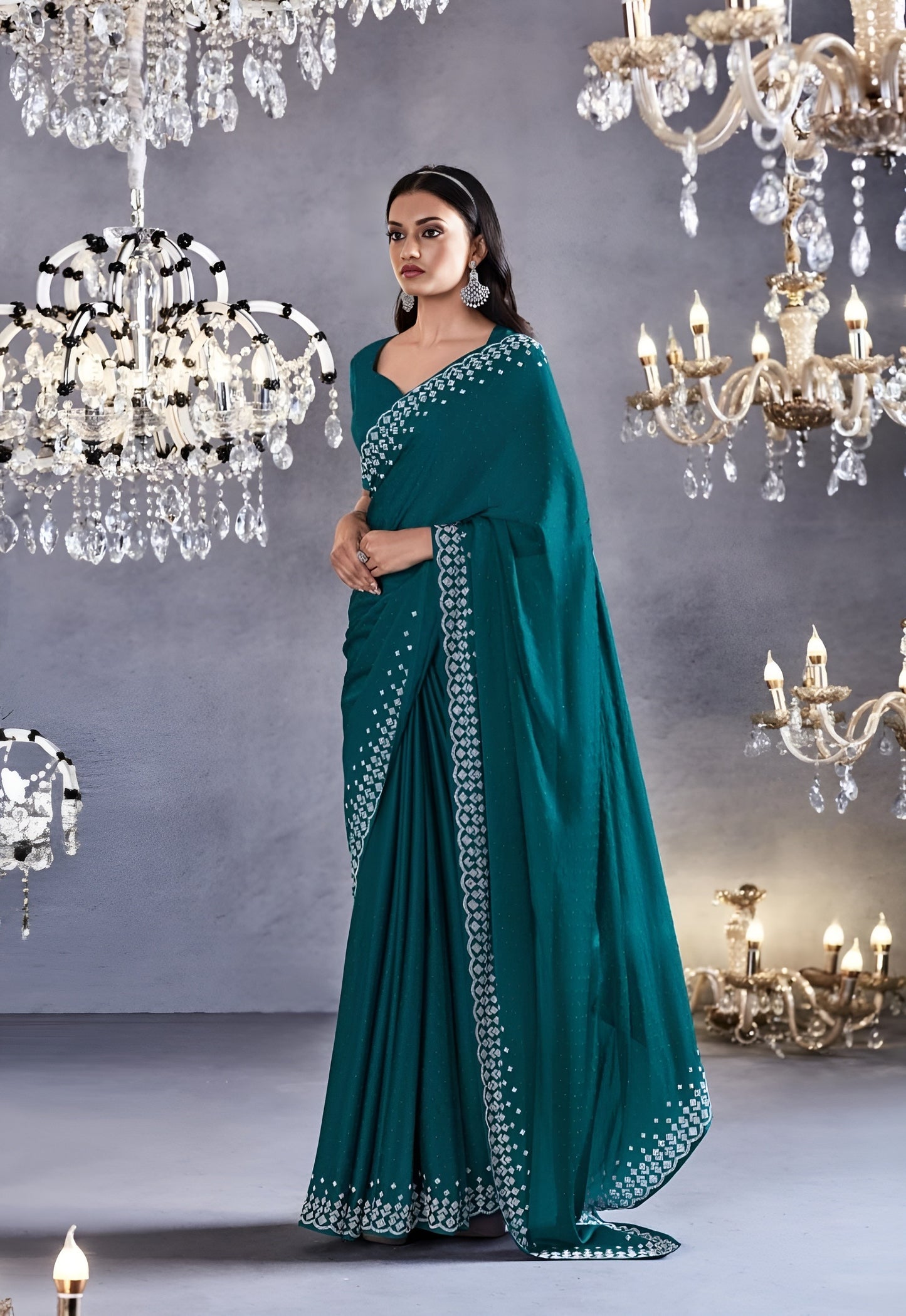EKKTARA Saree For Women Forest Green Colour Partywear Satin Silk Zarkan Work Saree With Unstitched Blouse