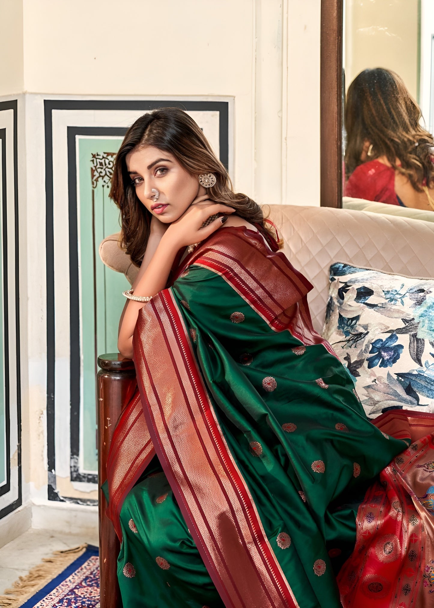 EKKTARA Saree For Women Green Colour Peshwai Paithani Silk Saree With Unstitched Blouse