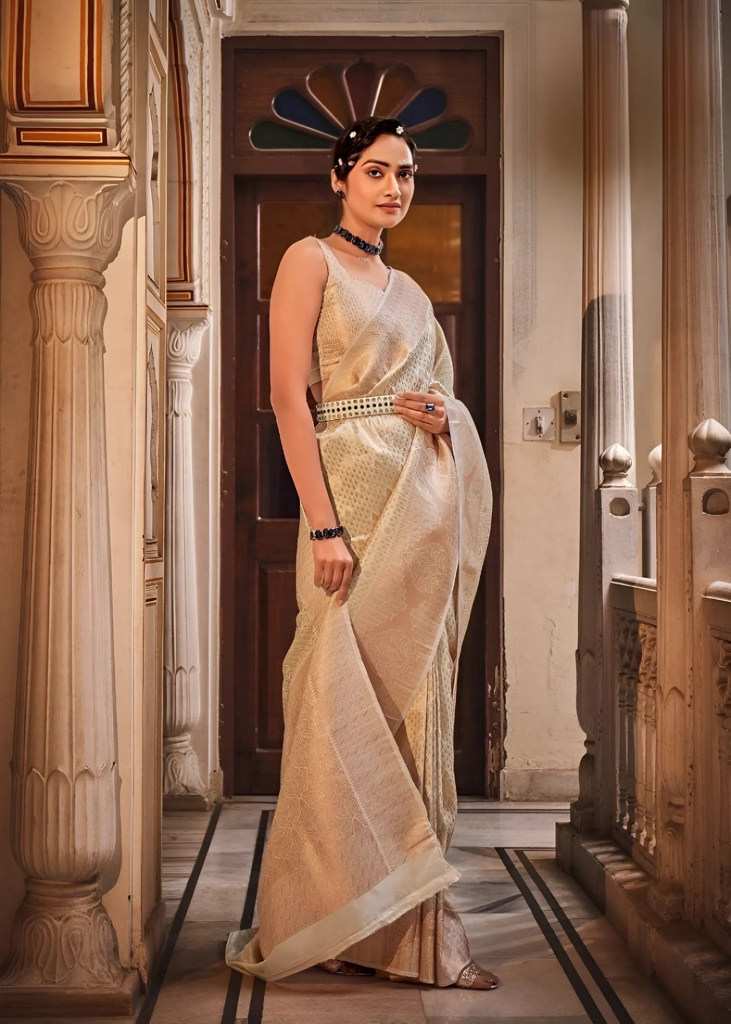 EKKTARA Saree For Women Beige Colour Handloom Silk Zari Saree With Unstitched Blouse