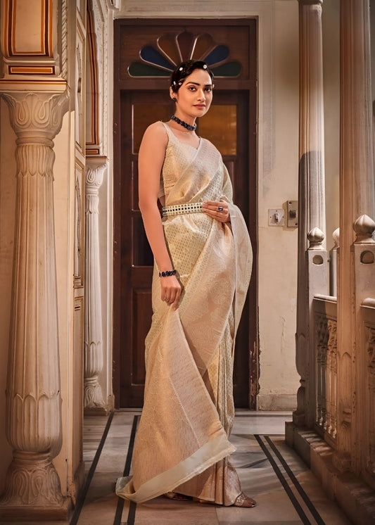 EKKTARA  Saree For Women Beige Colour Handloom Silk Zari Saree With Unstitched Blouse