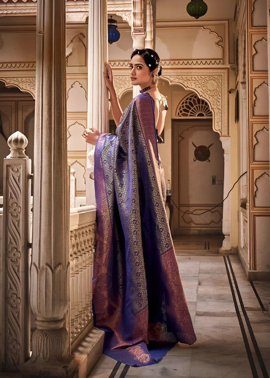 EKKTARA  Saree For Women Blue Colour Handloom Silk Zari Saree With Unstitched Blouse
