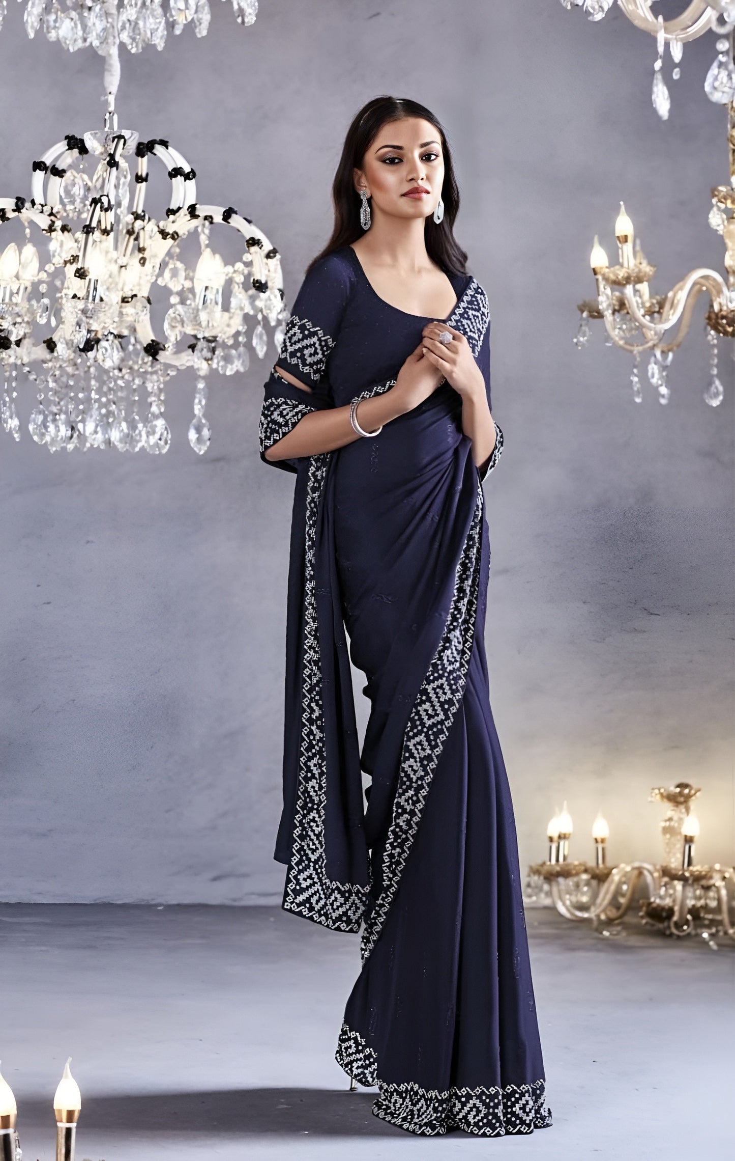 EKKTARA Saree For Women Blue Colour Partywear Satin Silk Zarkan Work Saree With Unstitched Blouse