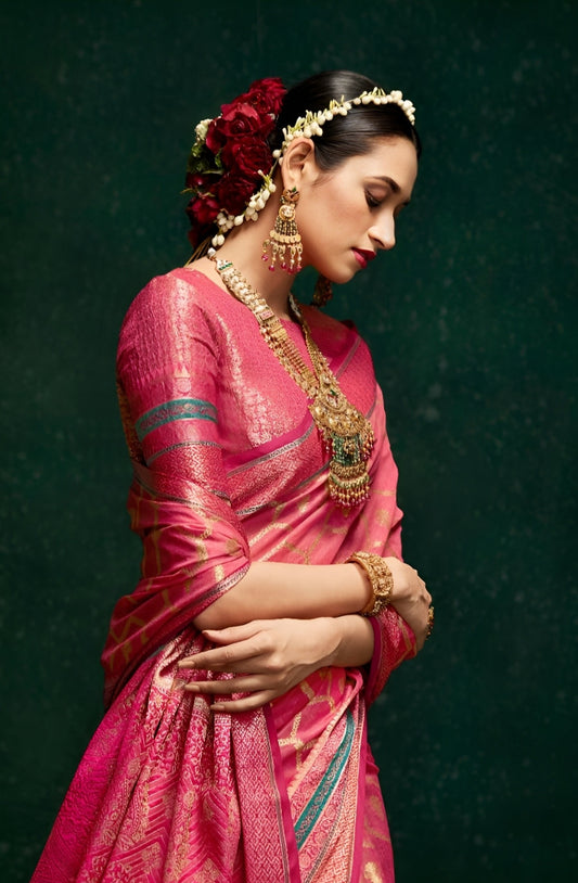 EKKTARA Saree For Women Pink Colour Cotton Silk Saree With Unstitched Blouse