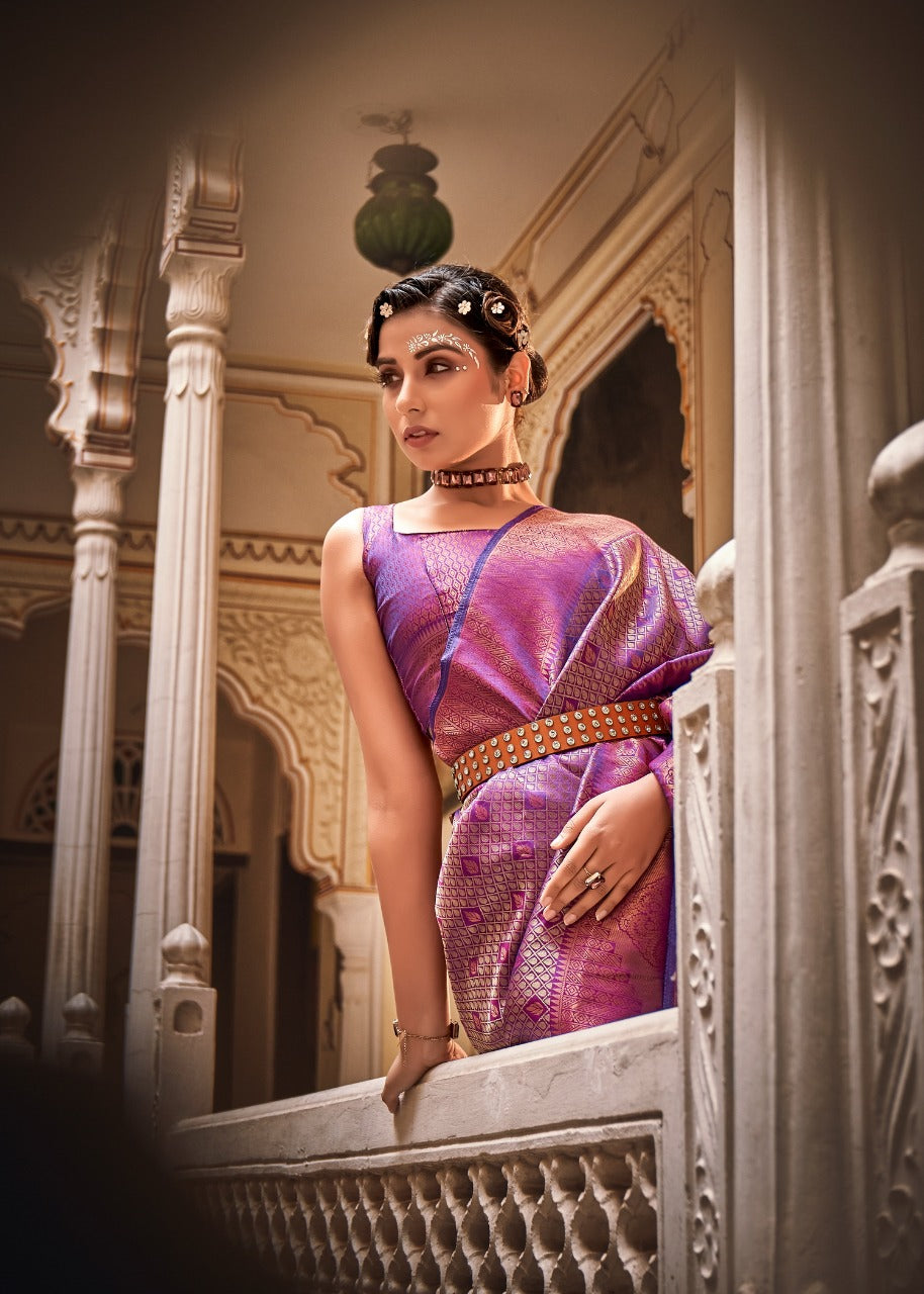 EKKTARA Saree For Women Purple Colour Handloom Silk Zari Saree With Unstitched Blouse