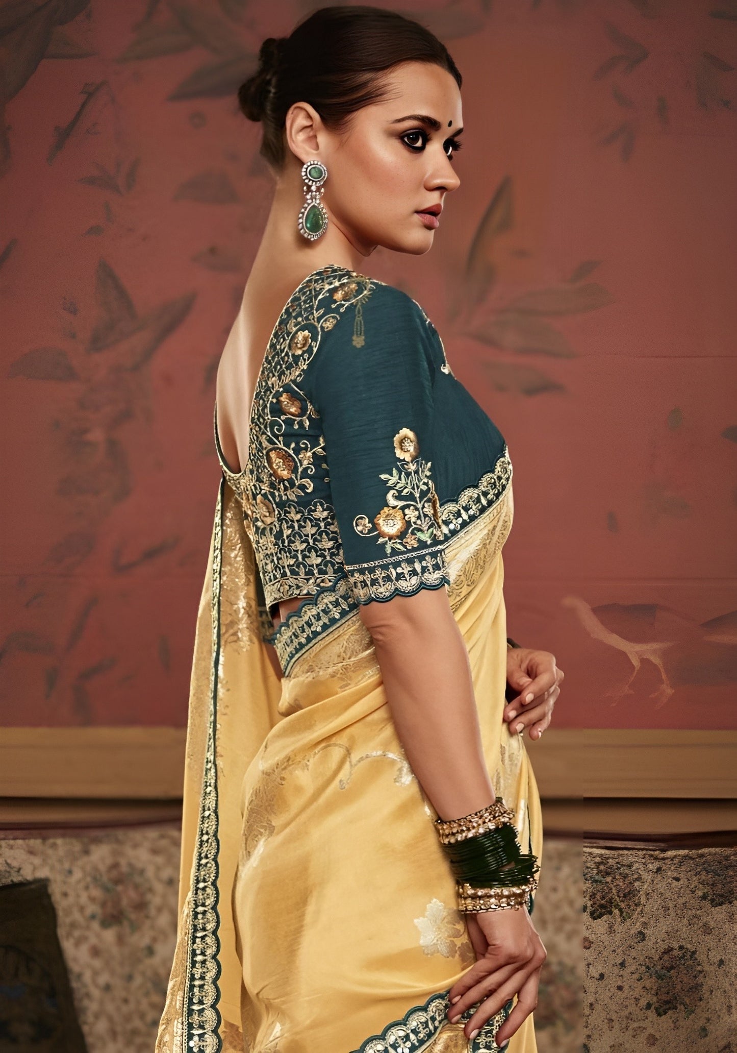 EKKTARA Saree For Women Golden Yellow Colour Dola Silk Saree With Embroidery Work Unstitched Blouse