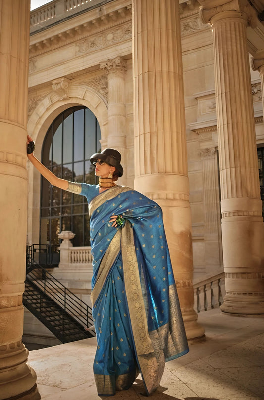 EKKTARA Saree For Women Stone Blue Colour Handloom Weaving Silk Saree With Unstitched Blouse