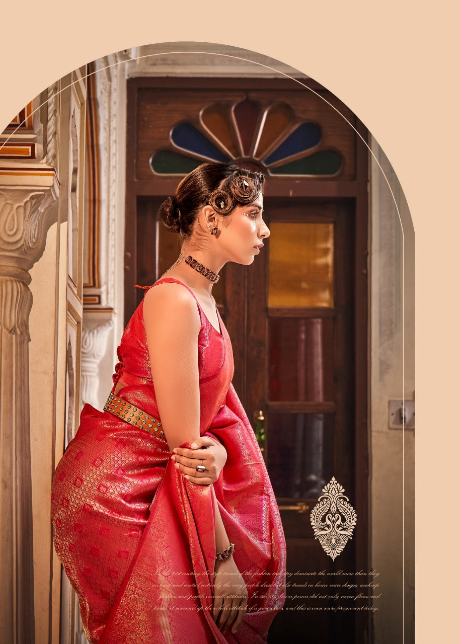 EKKTARA Saree For Women Red Colour Handloom Silk Zari Saree With Unstitched Blouse
