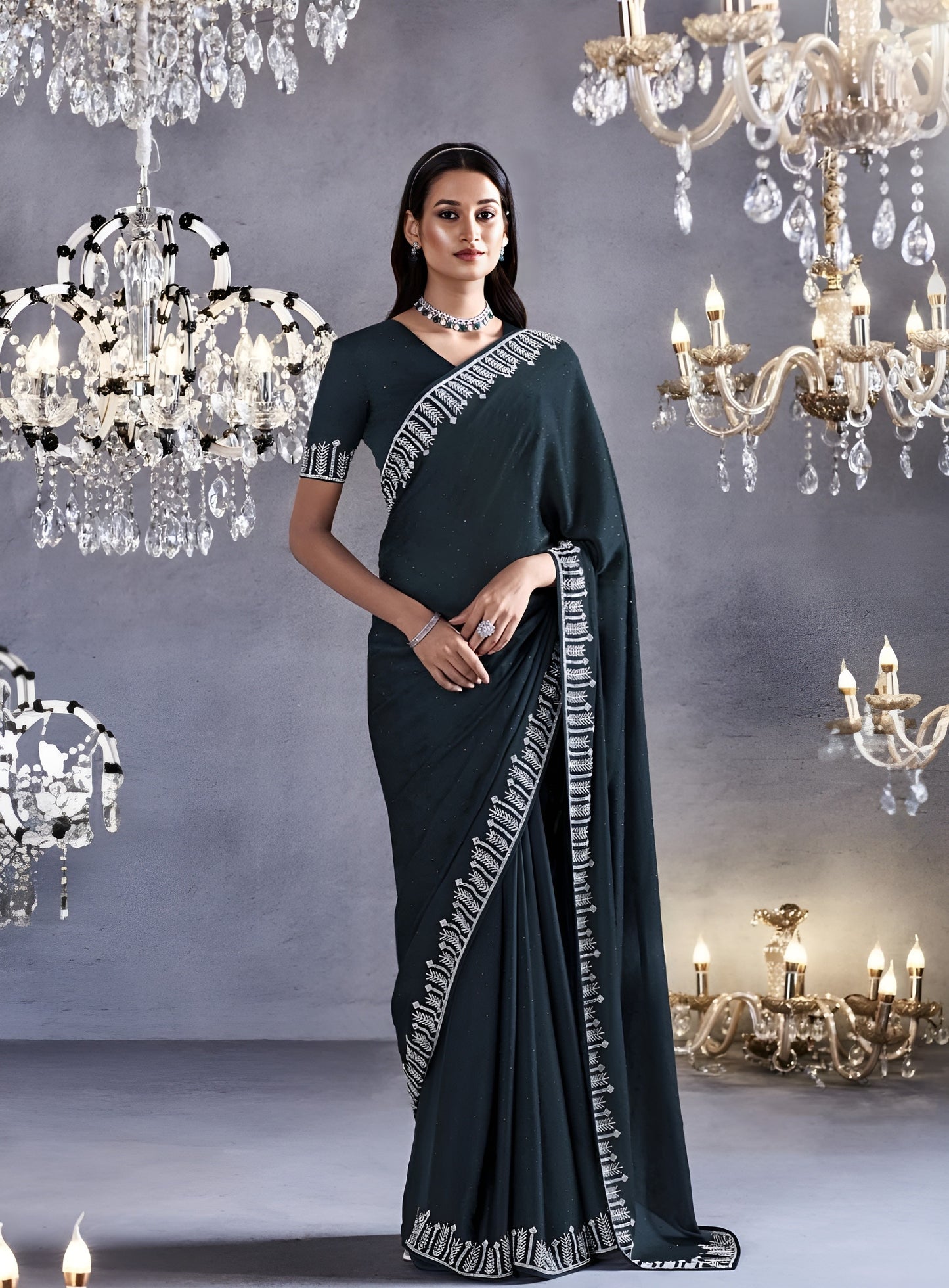 EKKTARA Saree For Women Black Colour Partywear Satin Silk Zarkan Work Saree With Unstitched Blouse