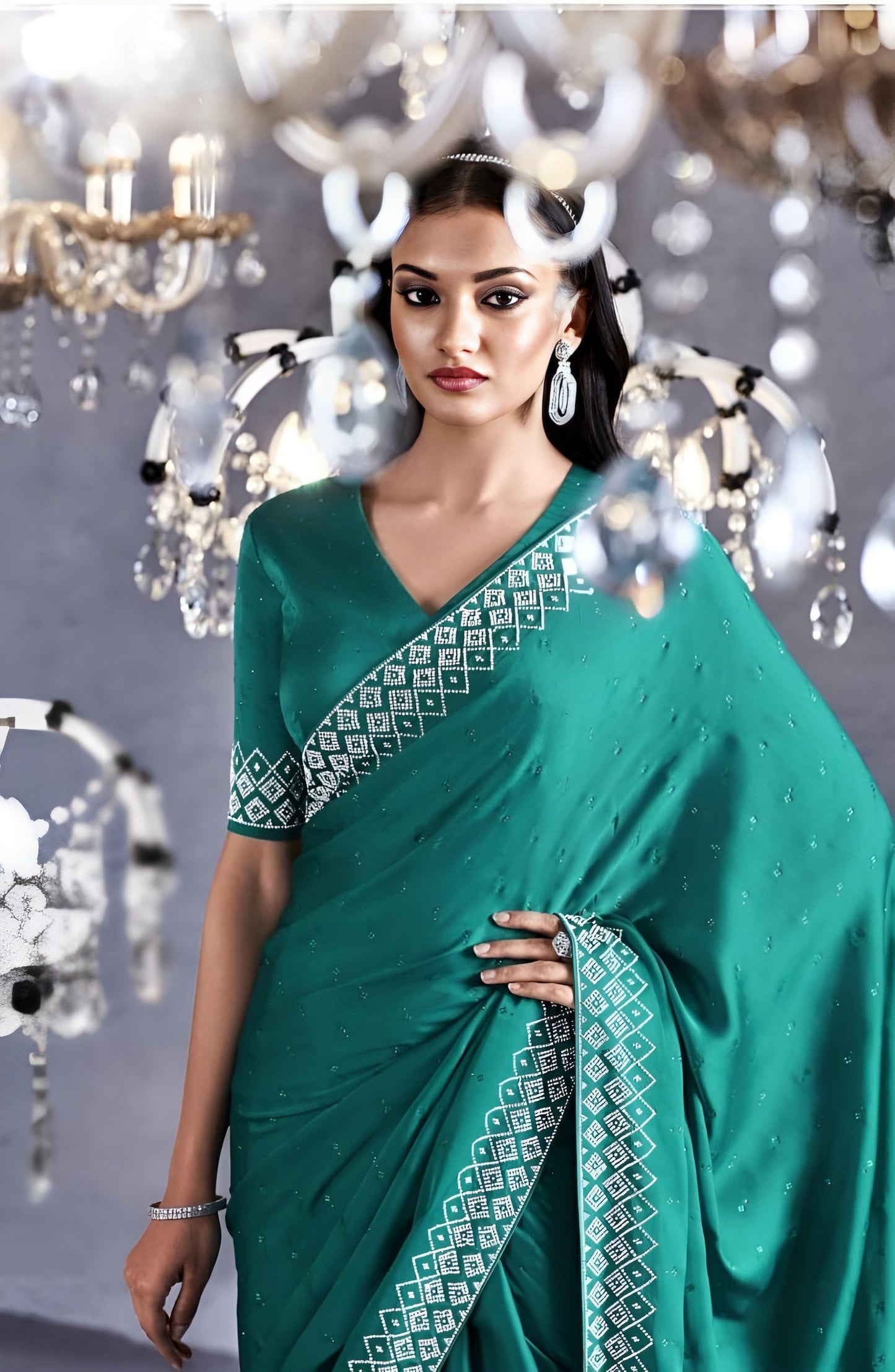 EKKTARA Saree For Women Turquoise Colour Partywear Satin Silk Zarkan Work Saree With Unstitched Blouse