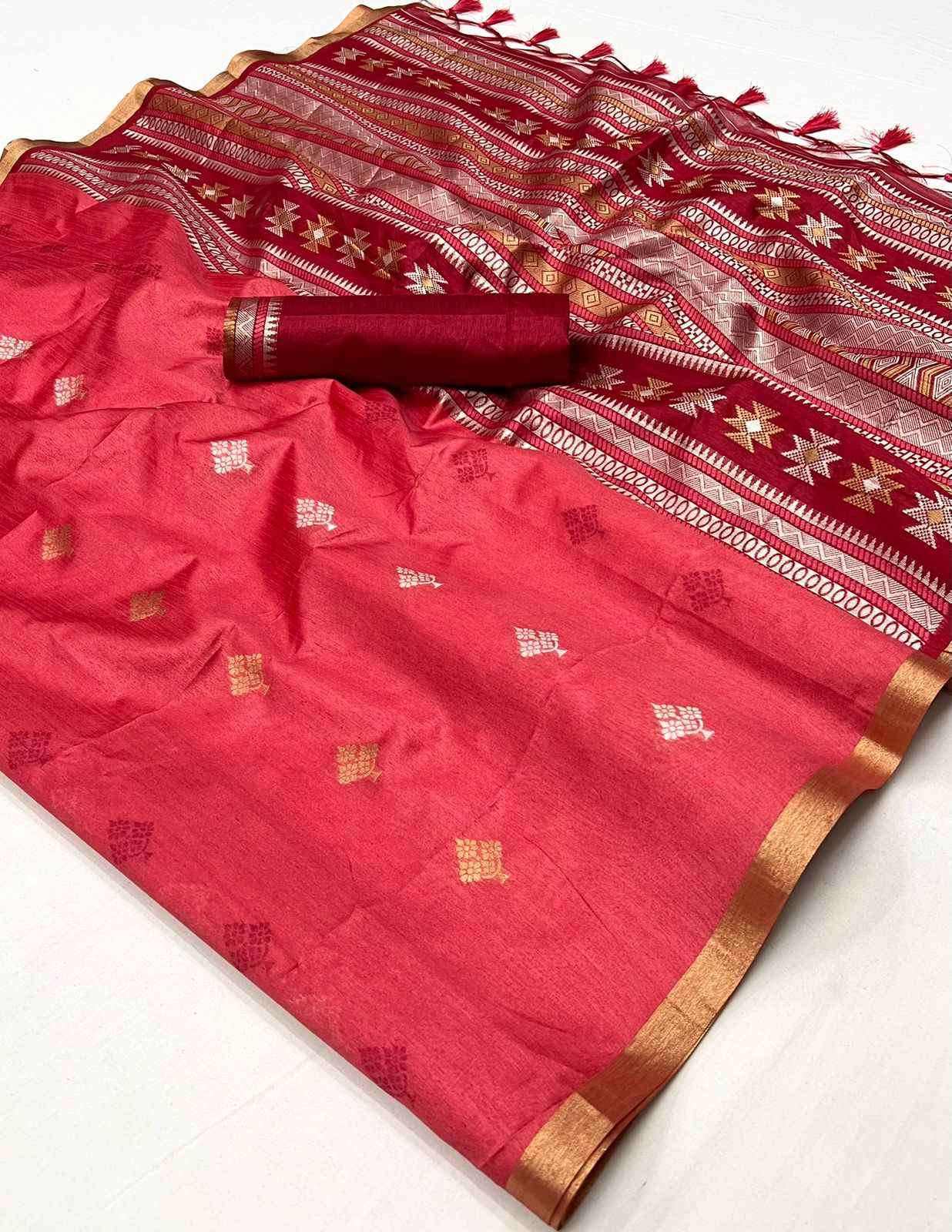EKKTARA Saree For Women Red Colour Handloom Weaving Silk Saree With Unstitched Blouse