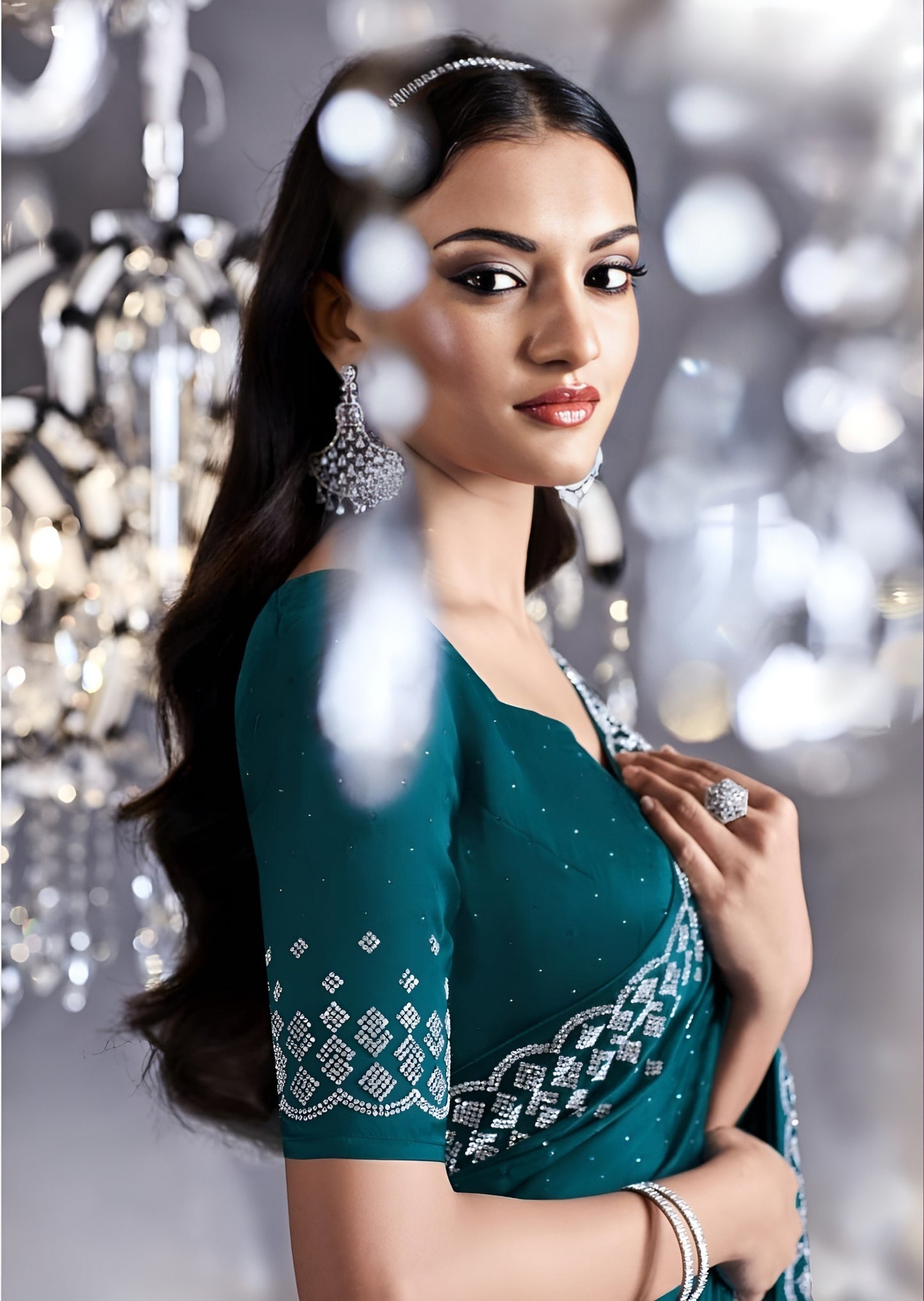 EKKTARA Saree For Women Forest Green Colour Partywear Satin Silk Zarkan Work Saree With Unstitched Blouse