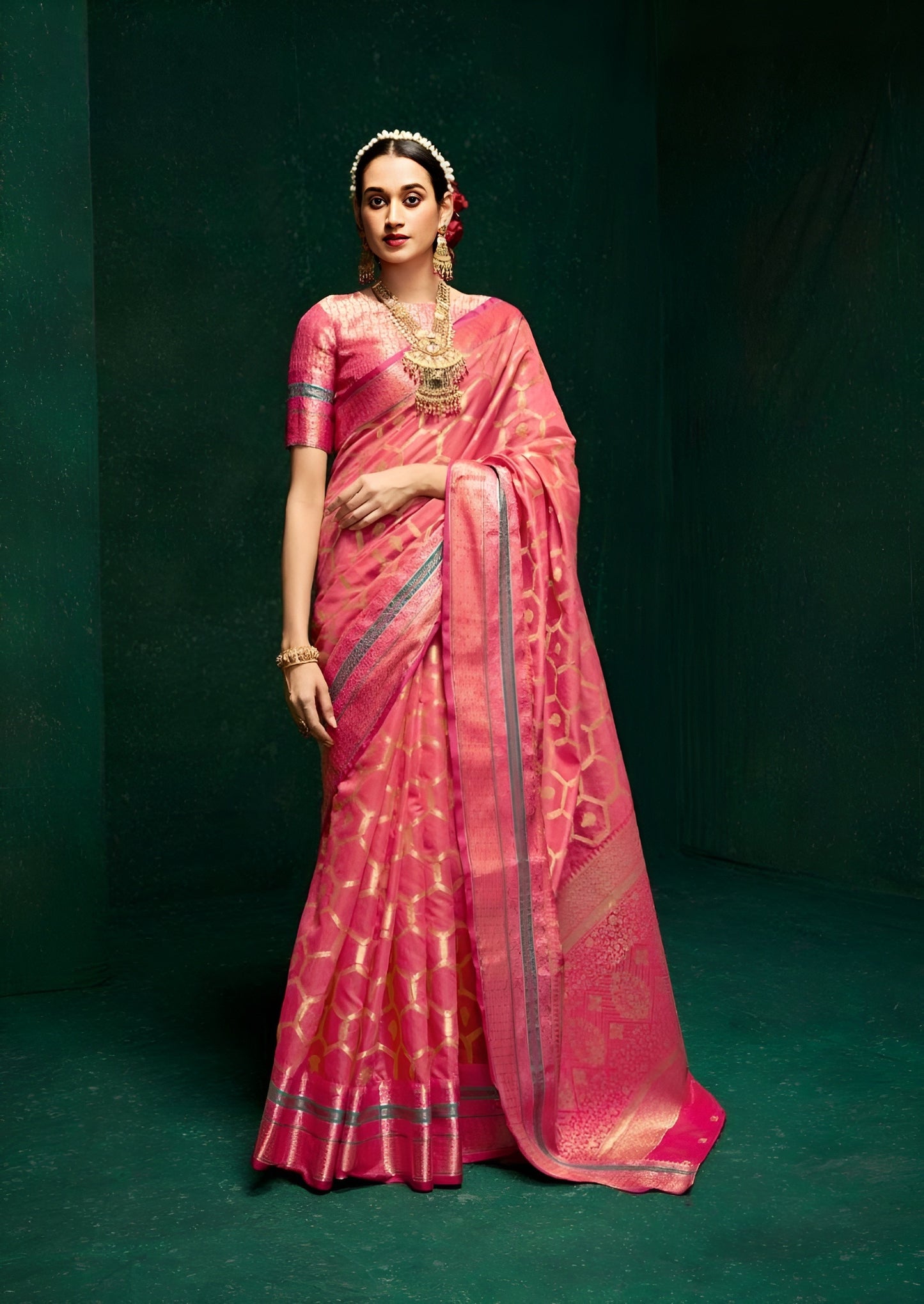 EKKTARA Saree For Women Pink Colour Cotton Silk Saree With Unstitched Blouse