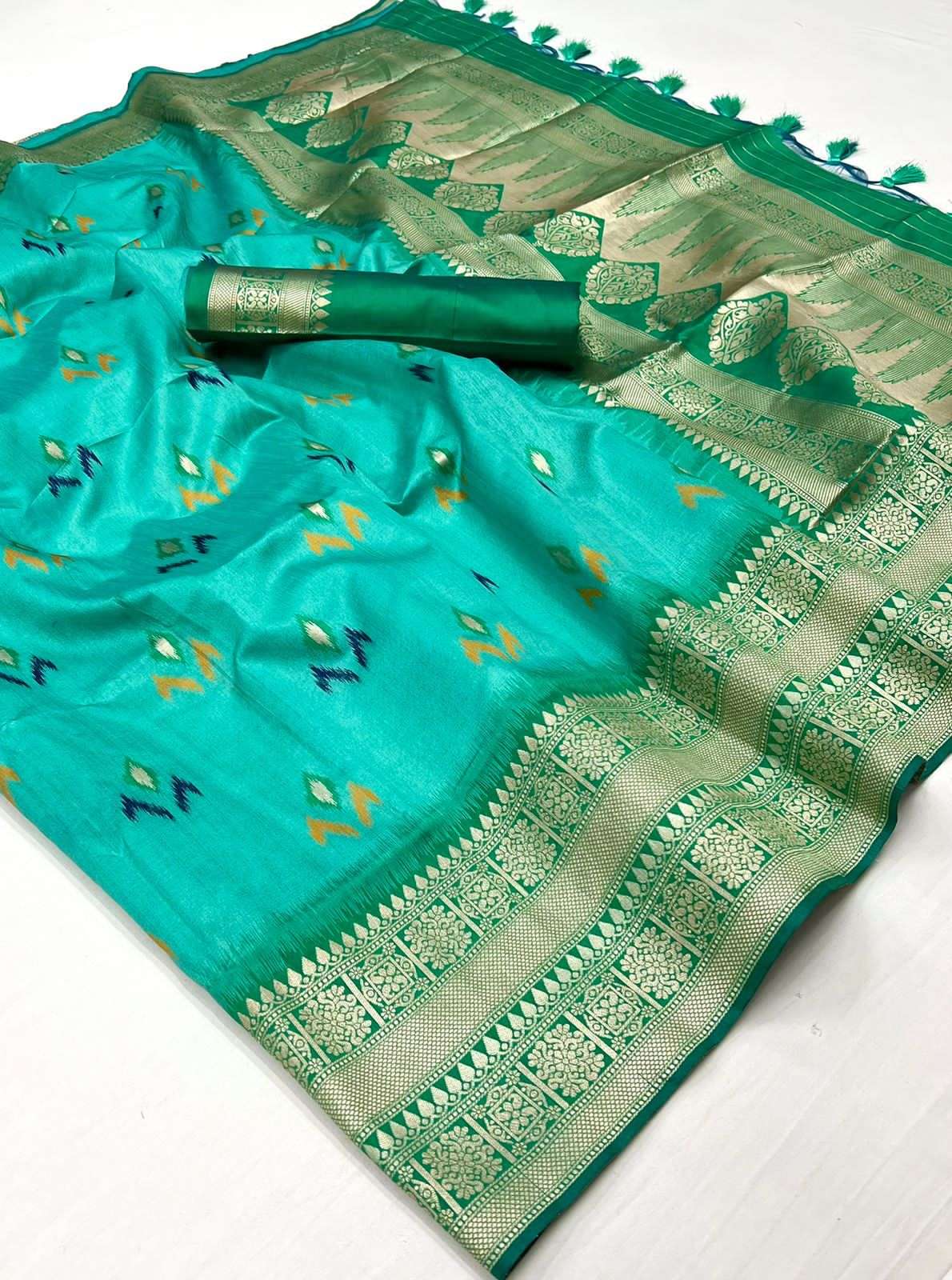 EKKTARA Saree For Women Turquoise Colour Silk Handloom Weaving Saree With Unstitched Blouse