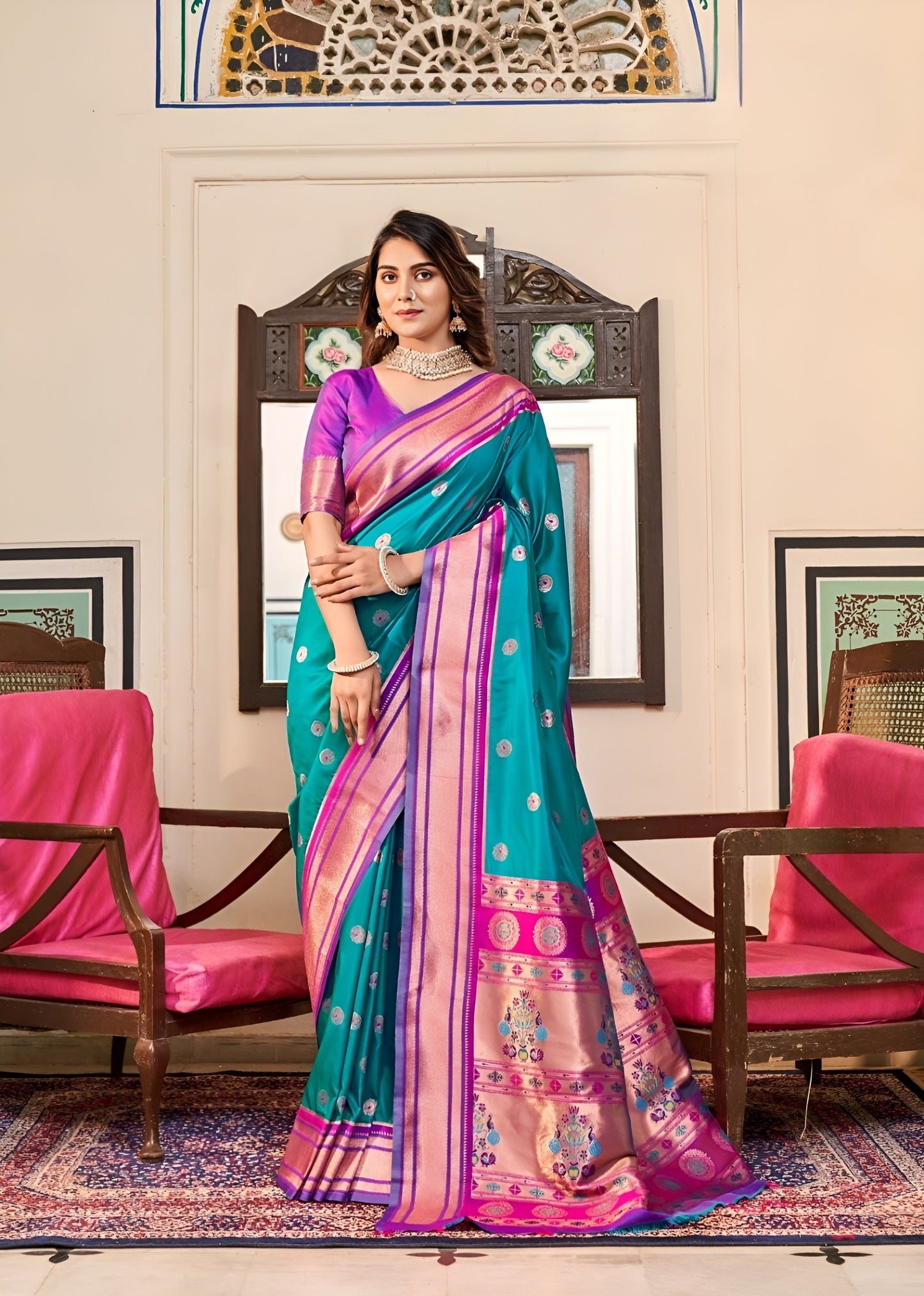 EKKTARA Saree For Women Turquoise Colour Peshwai Paithani Silk Saree With Unstitched Blouse
