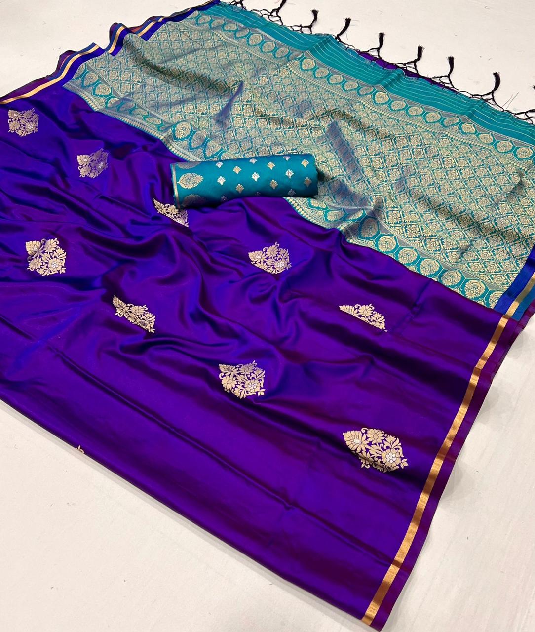 EKKTARA Saree For Women Purple Colour Pure Satin Silk Handloom Weaving Saree With Unstitched Blouse