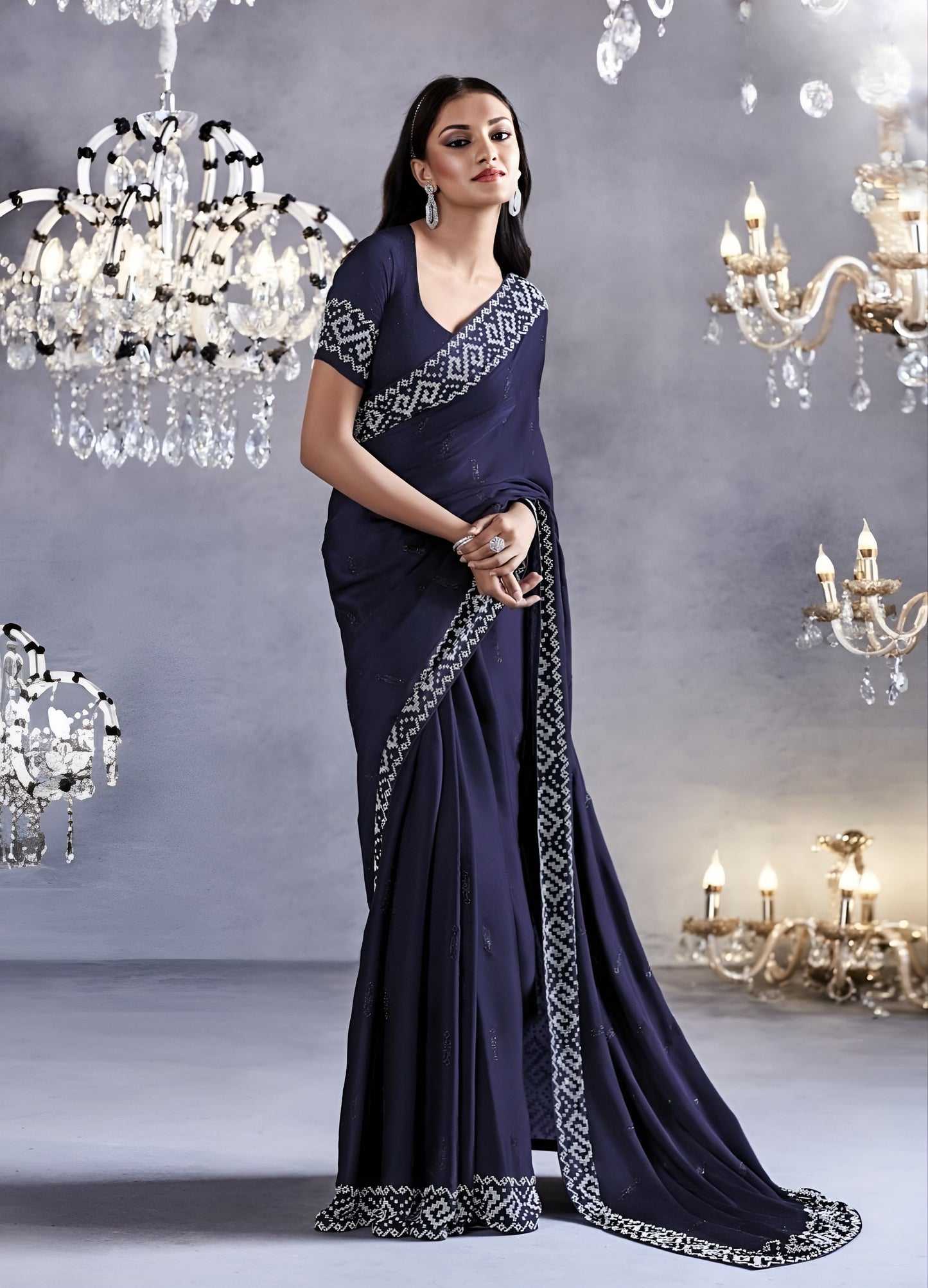 EKKTARA Saree For Women Blue Colour Partywear Satin Silk Zarkan Work Saree With Unstitched Blouse