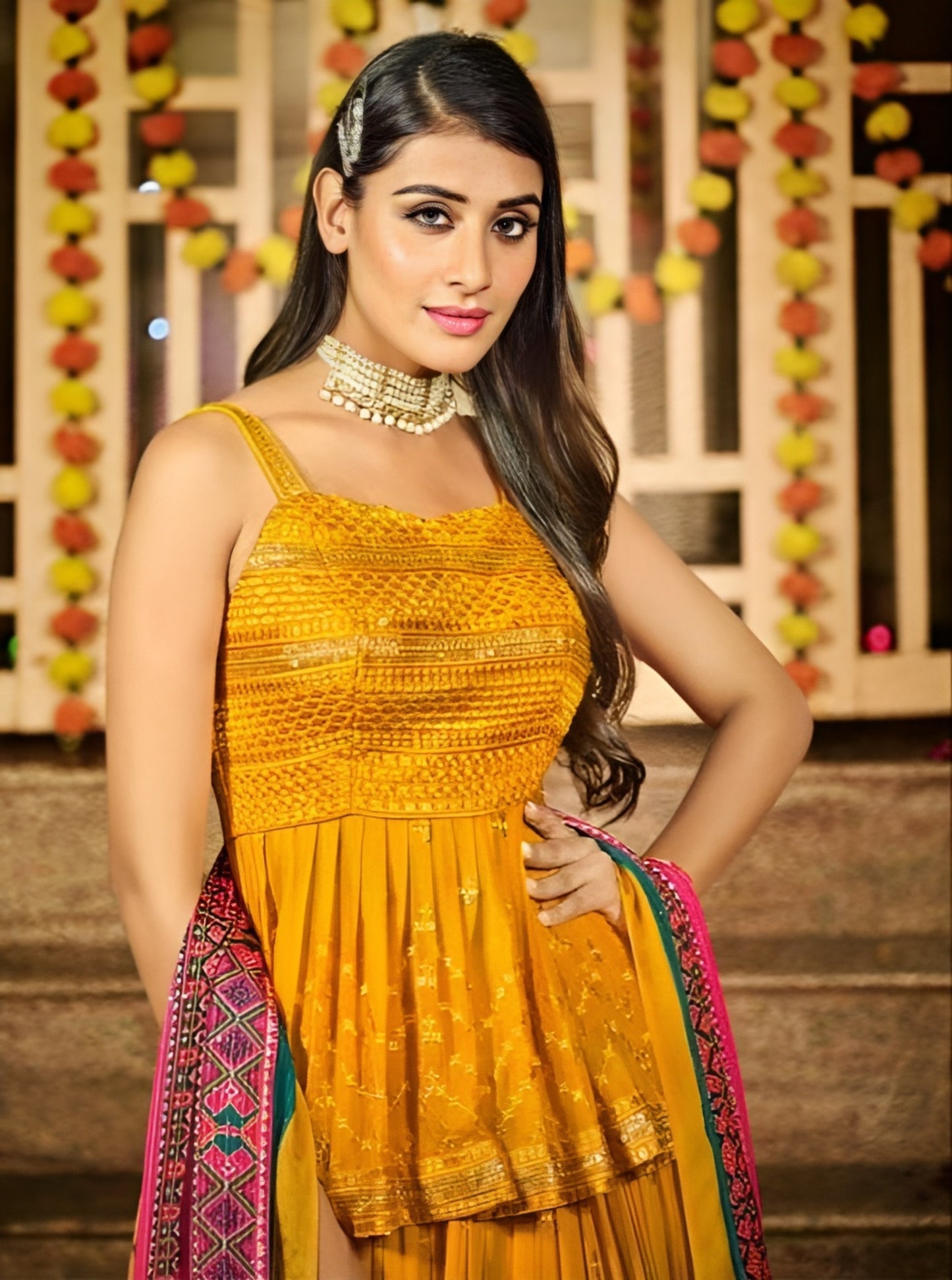 EKKTARA Semi Stitched Designer Turmeric Yellow Colour Squins Work Lehenga Choli Set