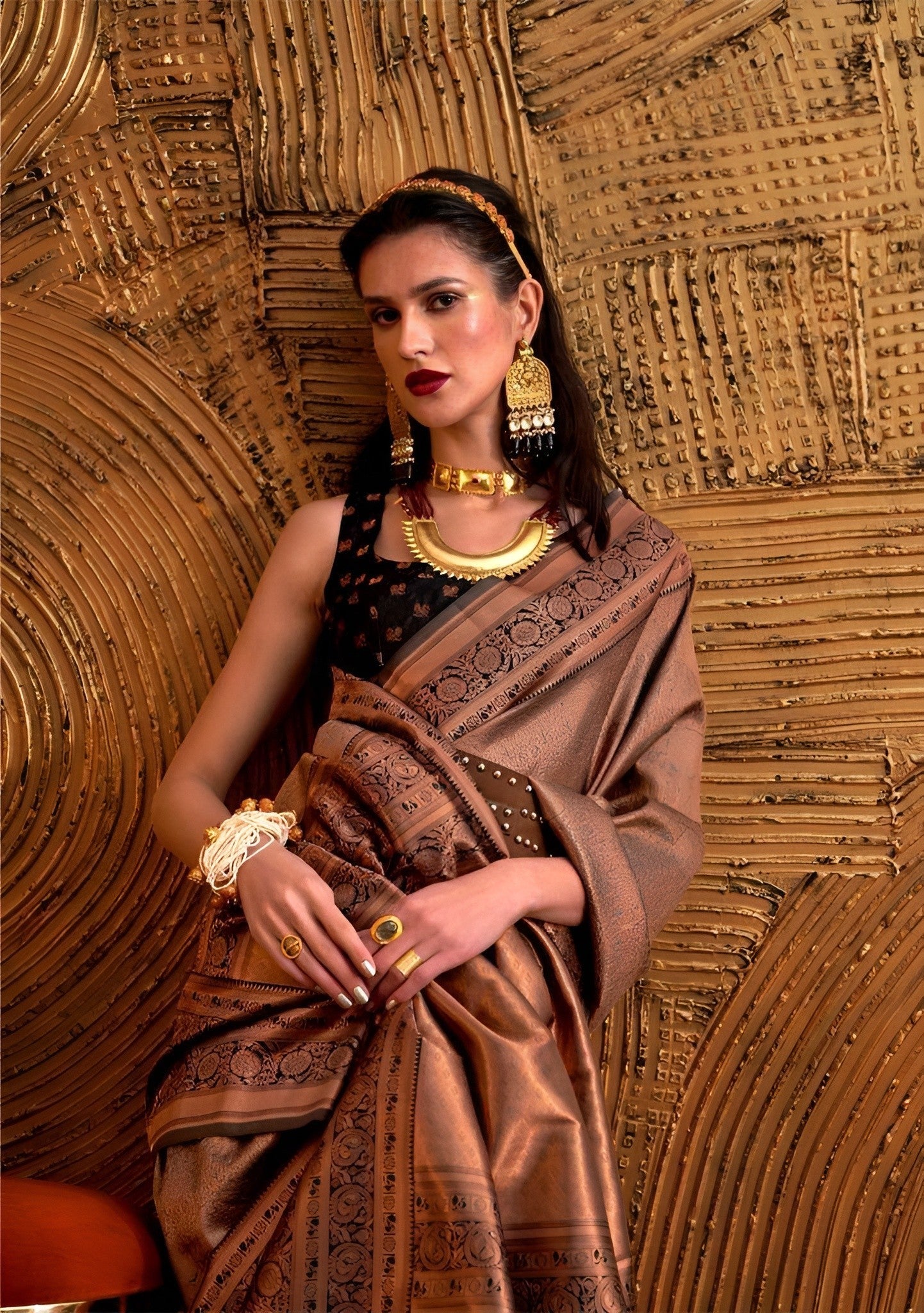 EKKTARA Saree For Women Copper Colour Handloom Weaving Silk Saree With Unstitched Blouse