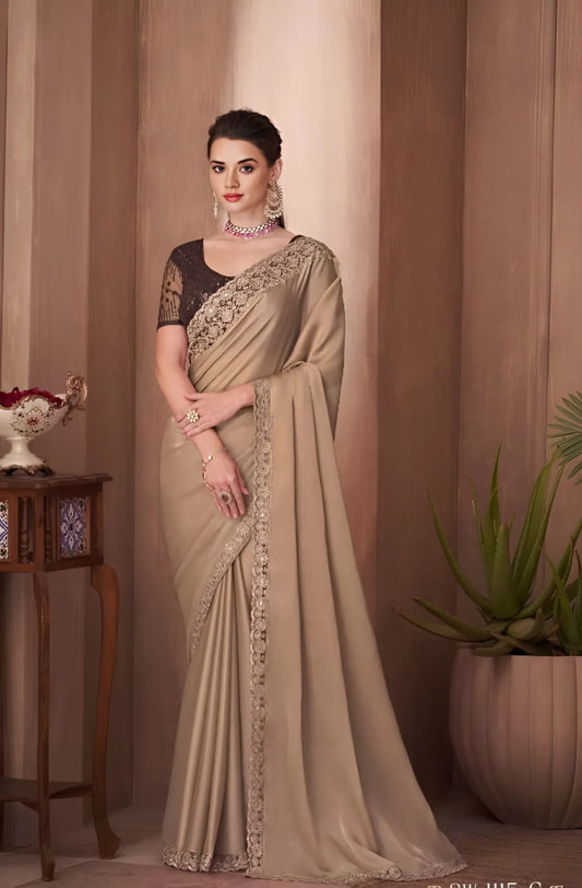 EKKTARA Saree For Women Beige Colour Designer Party Wear Saree With Unstitched Blouse
