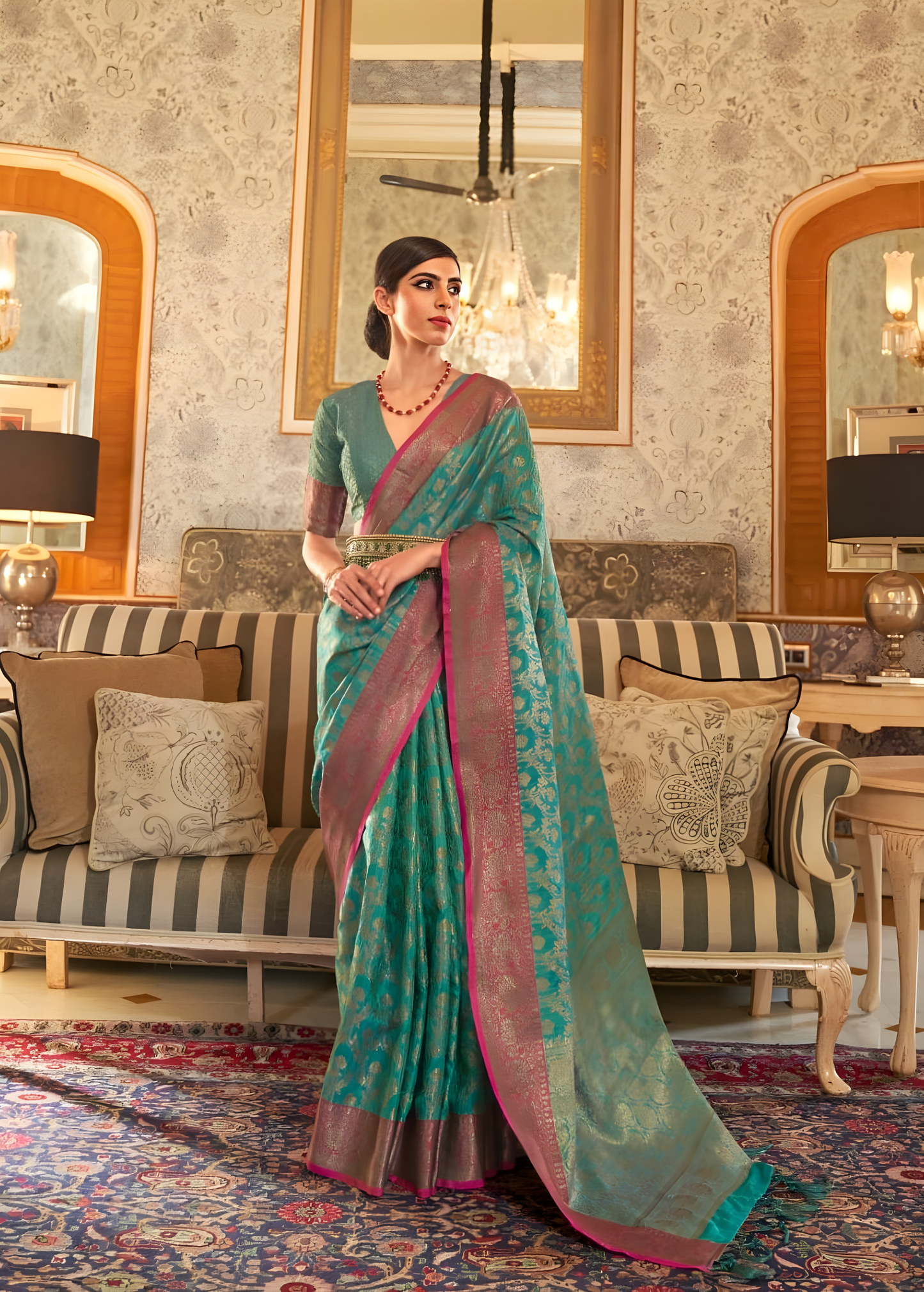 EKKTARA Saree For Women Jade Green Handloom Weaving Silk Saree