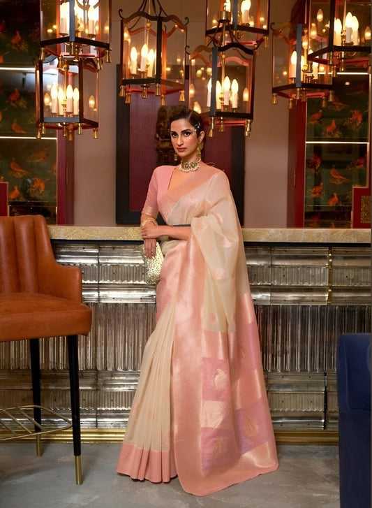 EKKTARA Saree For Women Flamingo Pink Pure Linen Weaving Silk Saree