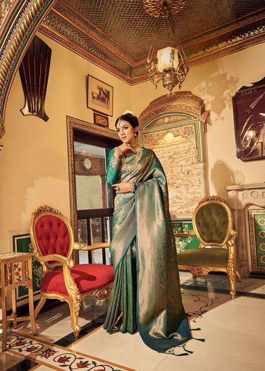 EKKTARA Saree For Women Dark Turquoise Kanjivaram Saree