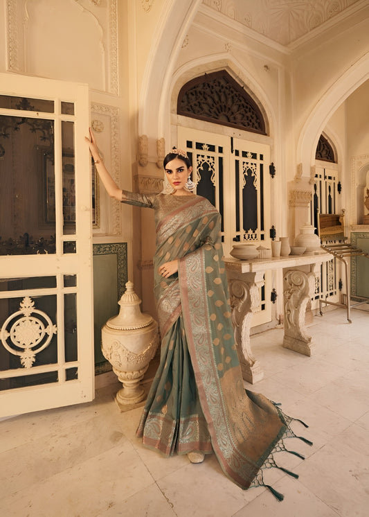 EKKTARA Saree For Women Seal Grey Organza Saree