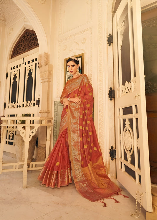 EKKTARA Saree For Women Copper Red Silk Organza Saree