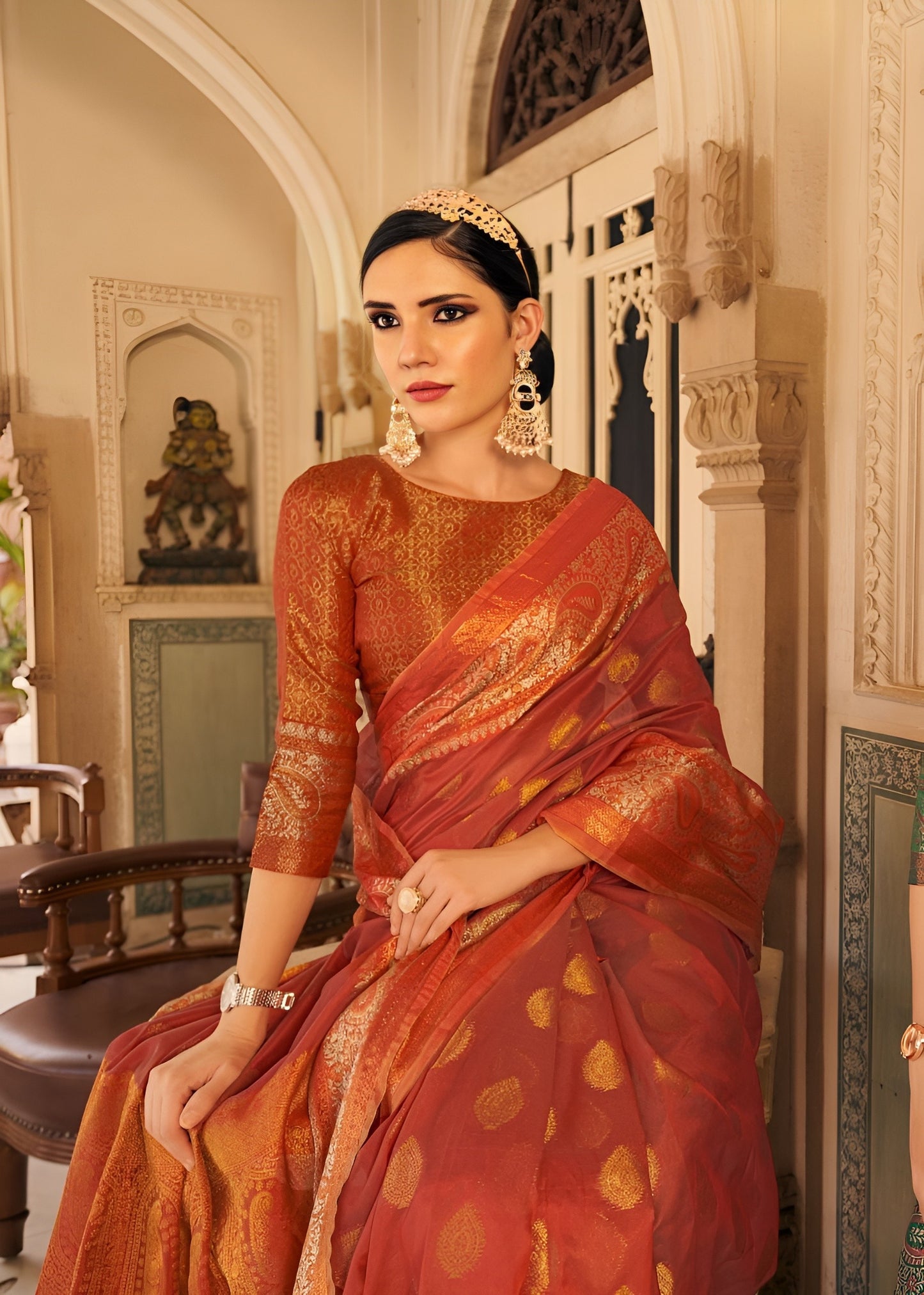 EKKTARA Saree For Women Copper Red Silk Organza Saree
