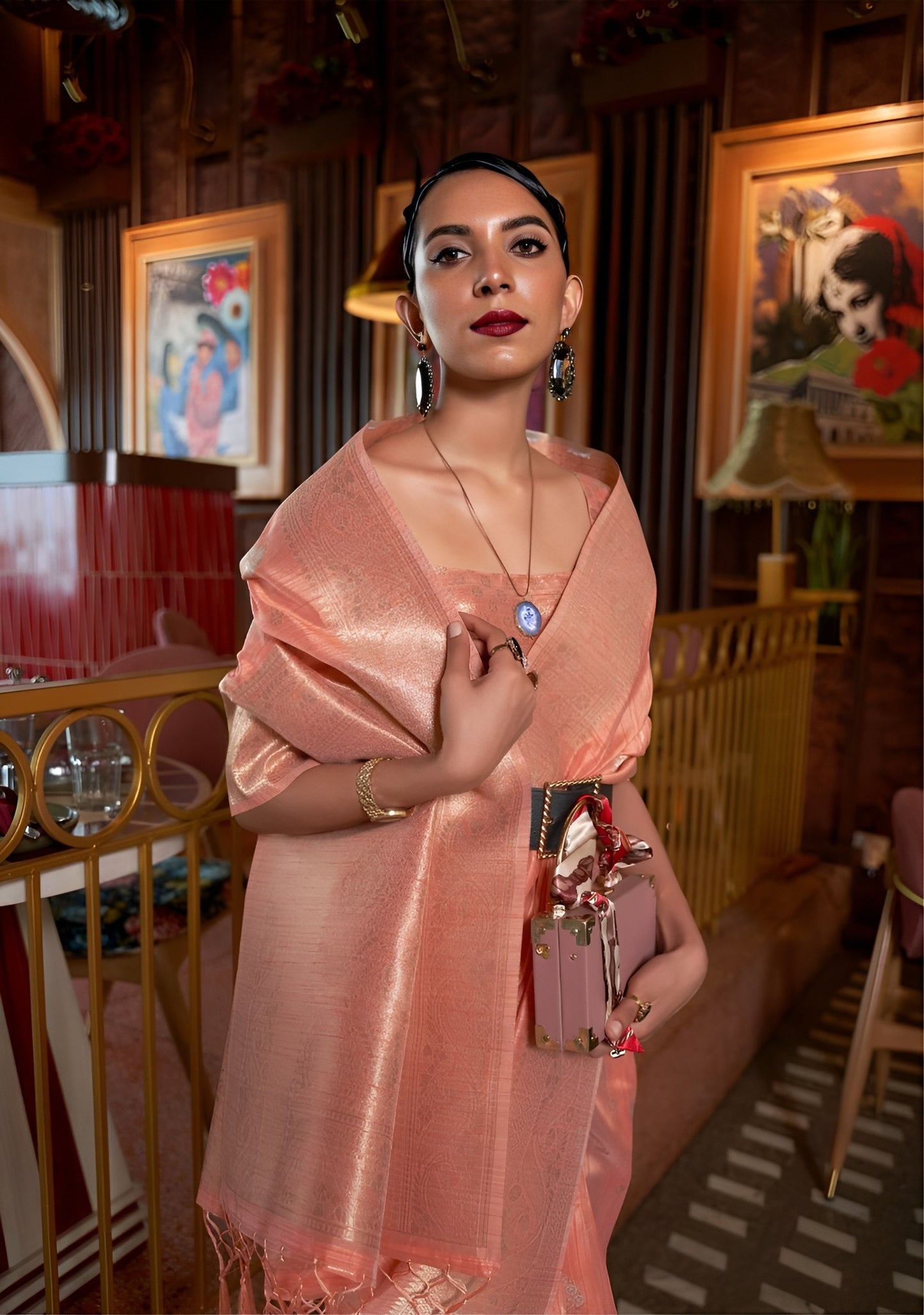 EKKTARA Saree For Women Peach Tussar Handloom Weaving Silk Saree