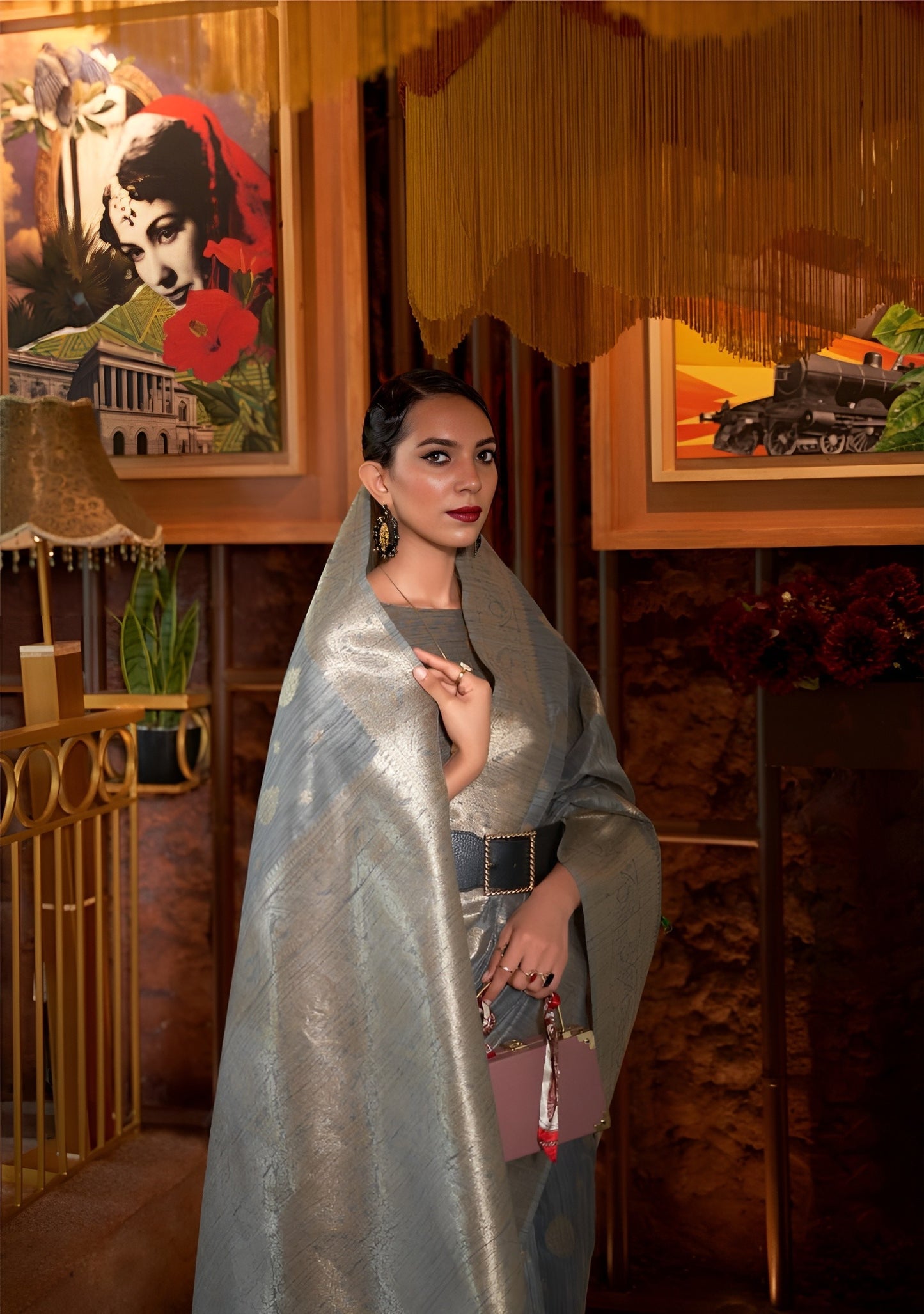 EKKTARA Saree For Women Perl Grey Tussar Handloom Weaving Silk Saree