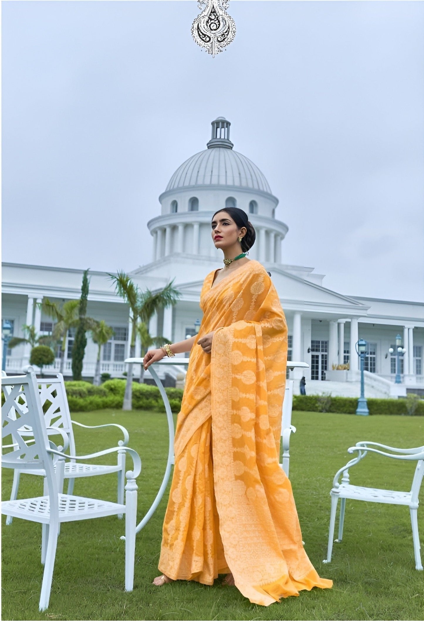 EKKTARA Saree For Women Cyber Yellow Chikankari Weaving Saree