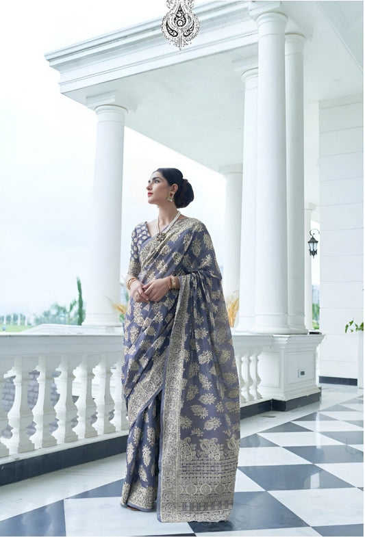 EKKTARA Saree For Women Air Force Blue Chikankari Weaving Saree
