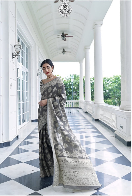 EKKTARA Saree For Women Lava Grey Chikankari Weaving Saree