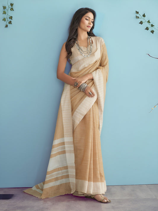 EKKTARA Saree For Women Cream Yellow Linen Silk Chikankari Border Weaving Saree