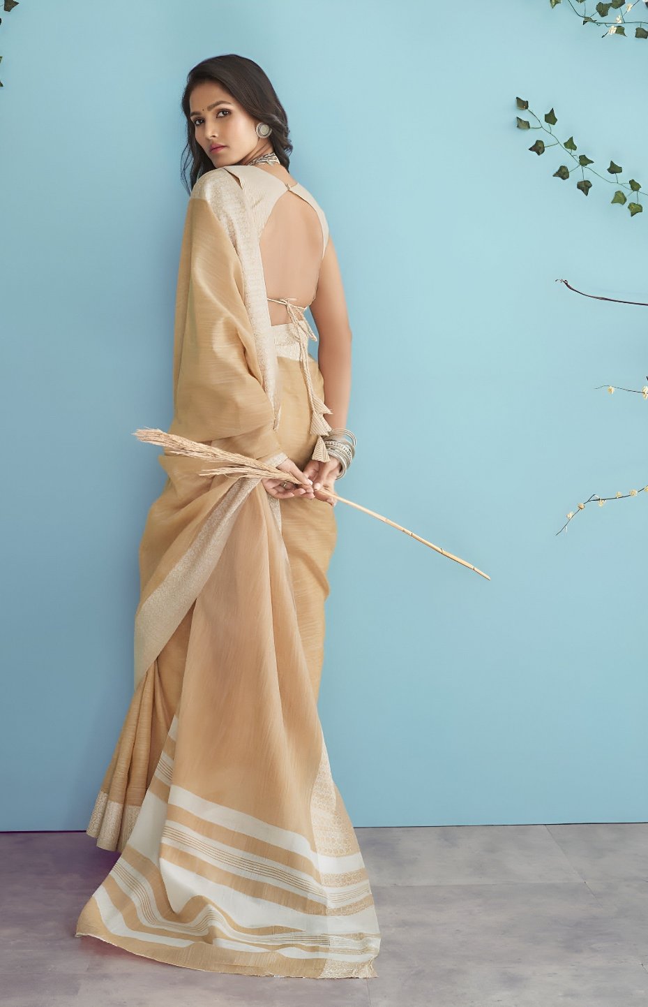 EKKTARA Saree For Women Cream Yellow Linen Silk Chikankari Border Weaving Saree