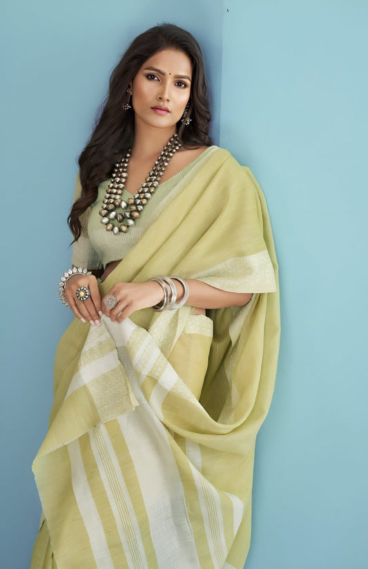 EKKTARA Saree For Women Lemon Yellow Linen Silk Chikankari Border Weaving Saree