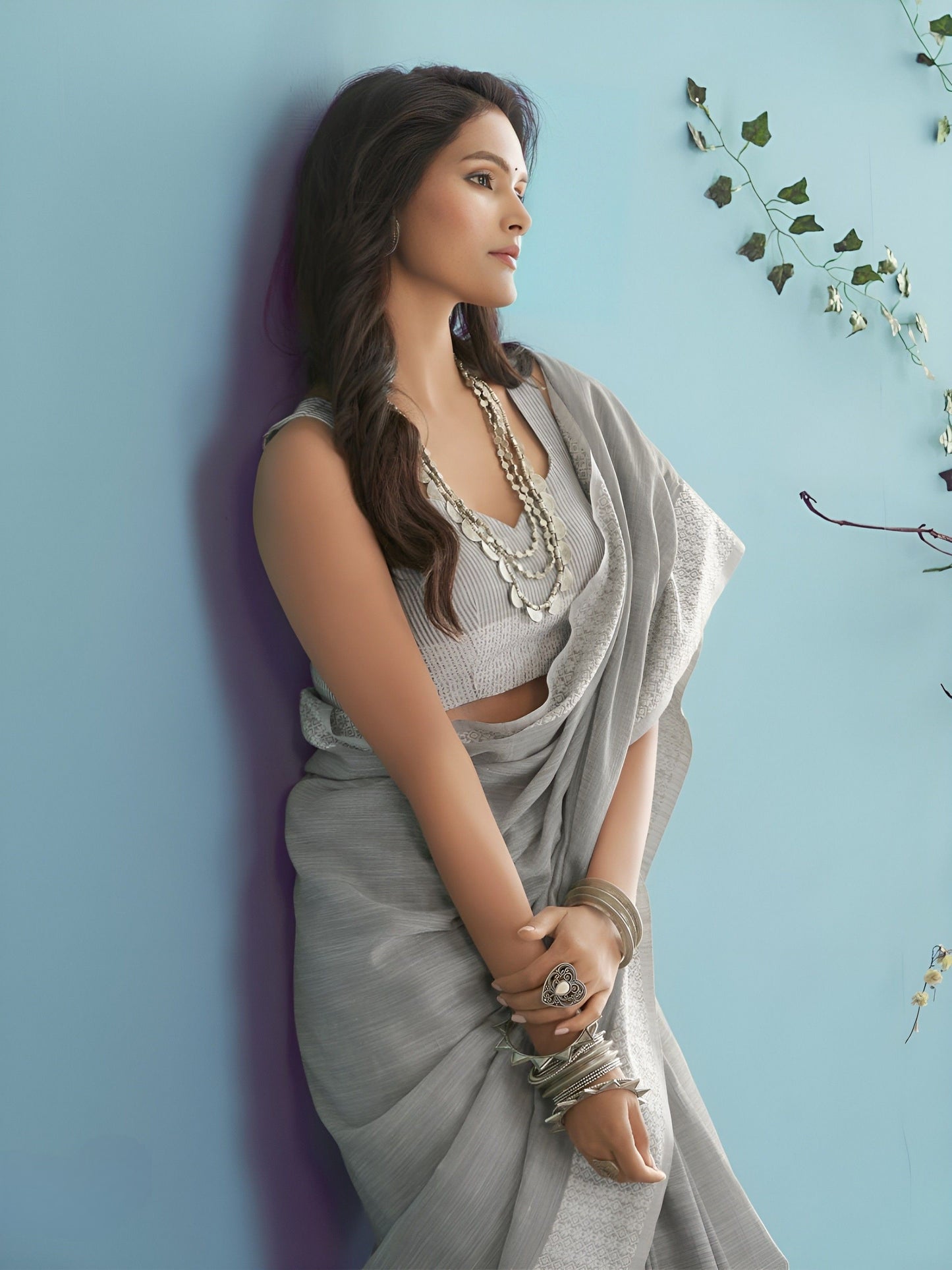EKKTARA Saree For Women Perl Grey Linen Silk Chikankari Border Weaving Saree