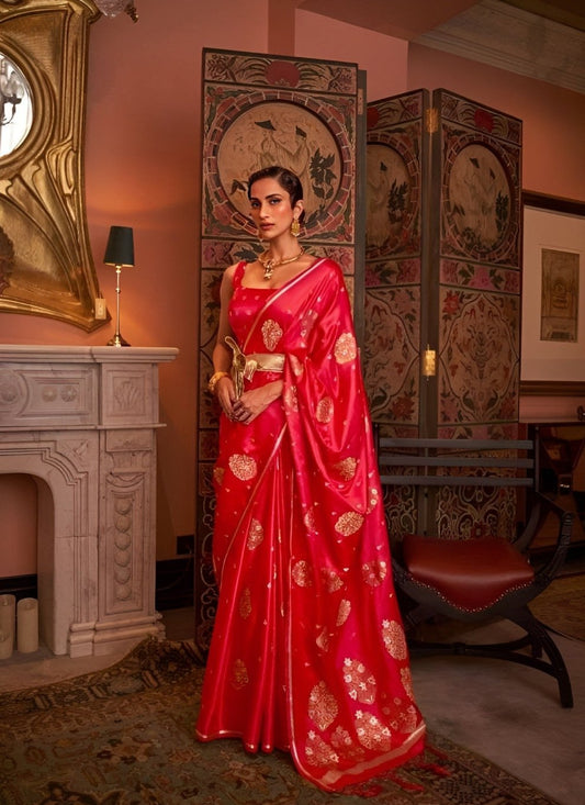 EKKTARA Saree For Women Blossom Red Satin  Silk Zari Weaving Saree