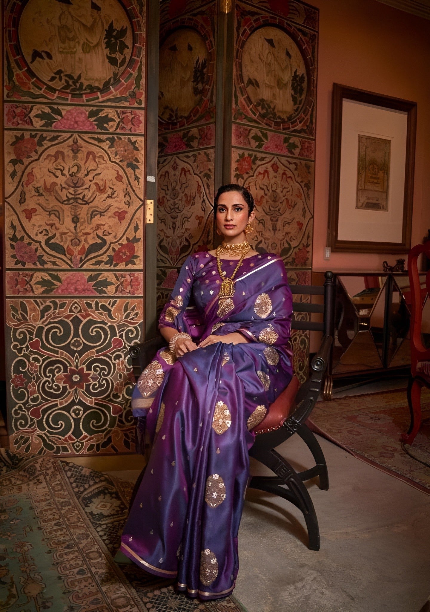 EKKTARA Saree For Women Midnight Purple Satin  Silk Zari Weaving Saree