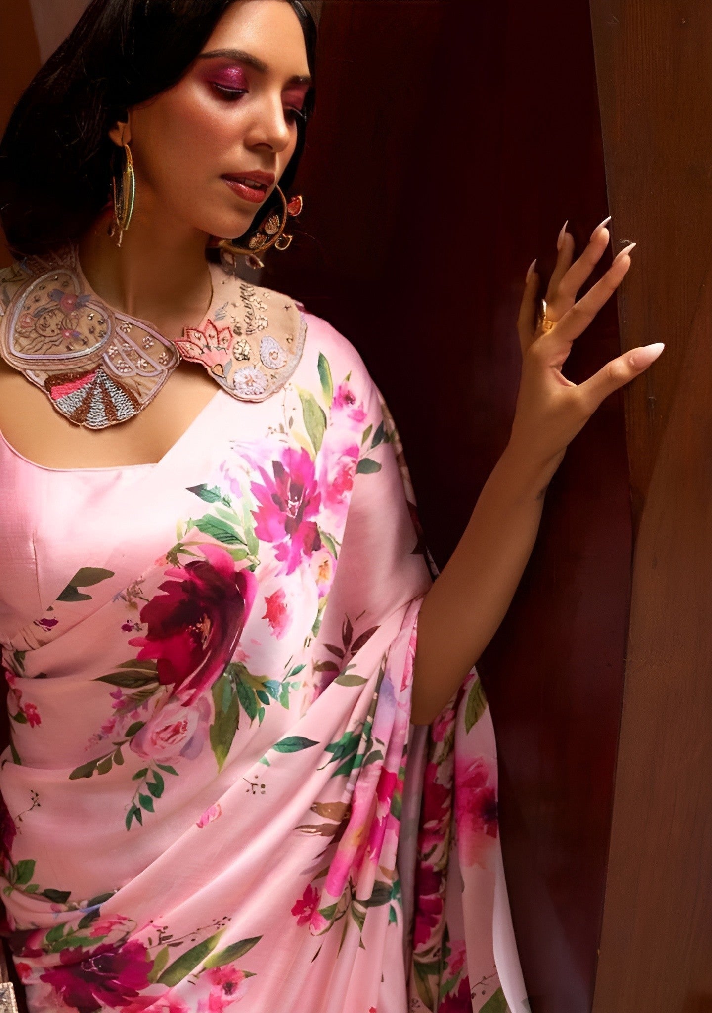 EKKTARA Saree For Women Floral Pink Digital Printed Satin Saree