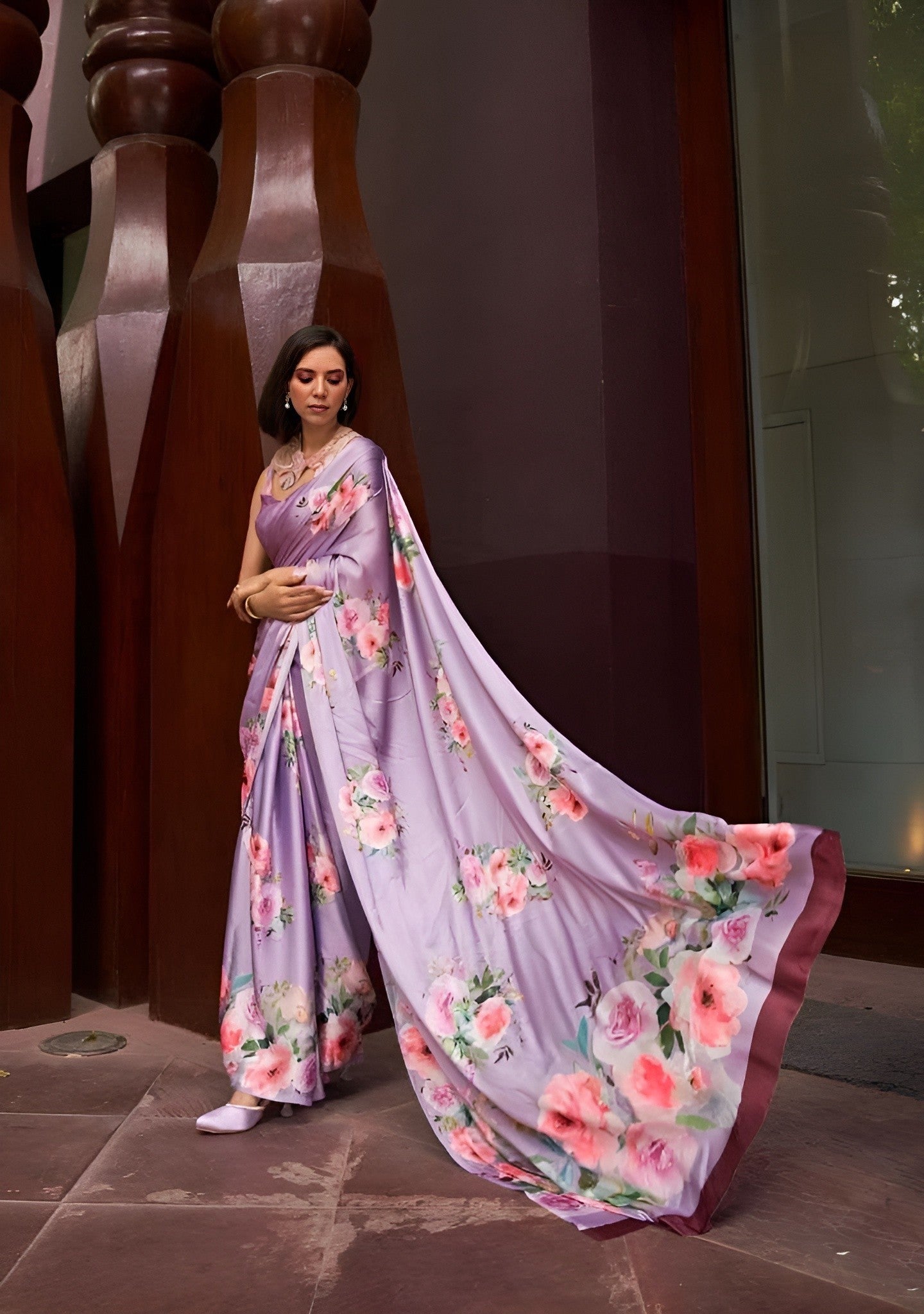 EKKTARA Saree For Women Orchid Violet Digital Printed Satin Saree