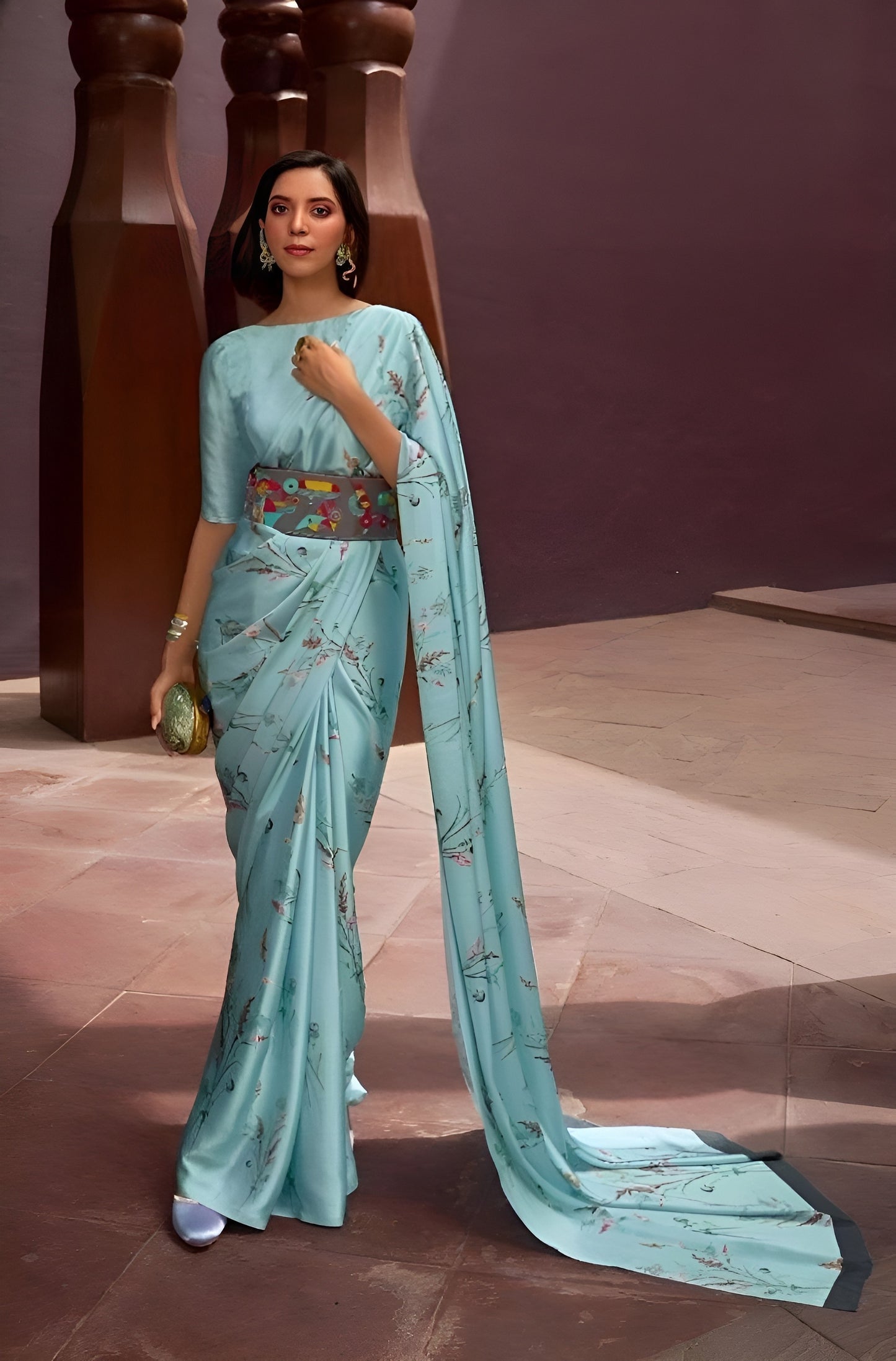 EKKTARA Saree For Women Carolina Blue Digital Printed Satin Saree