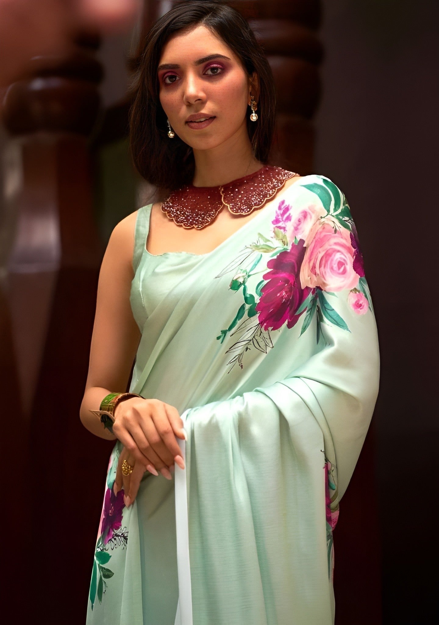 EKKTARA Saree For Women Emerald Green Digital Printed Satin Saree